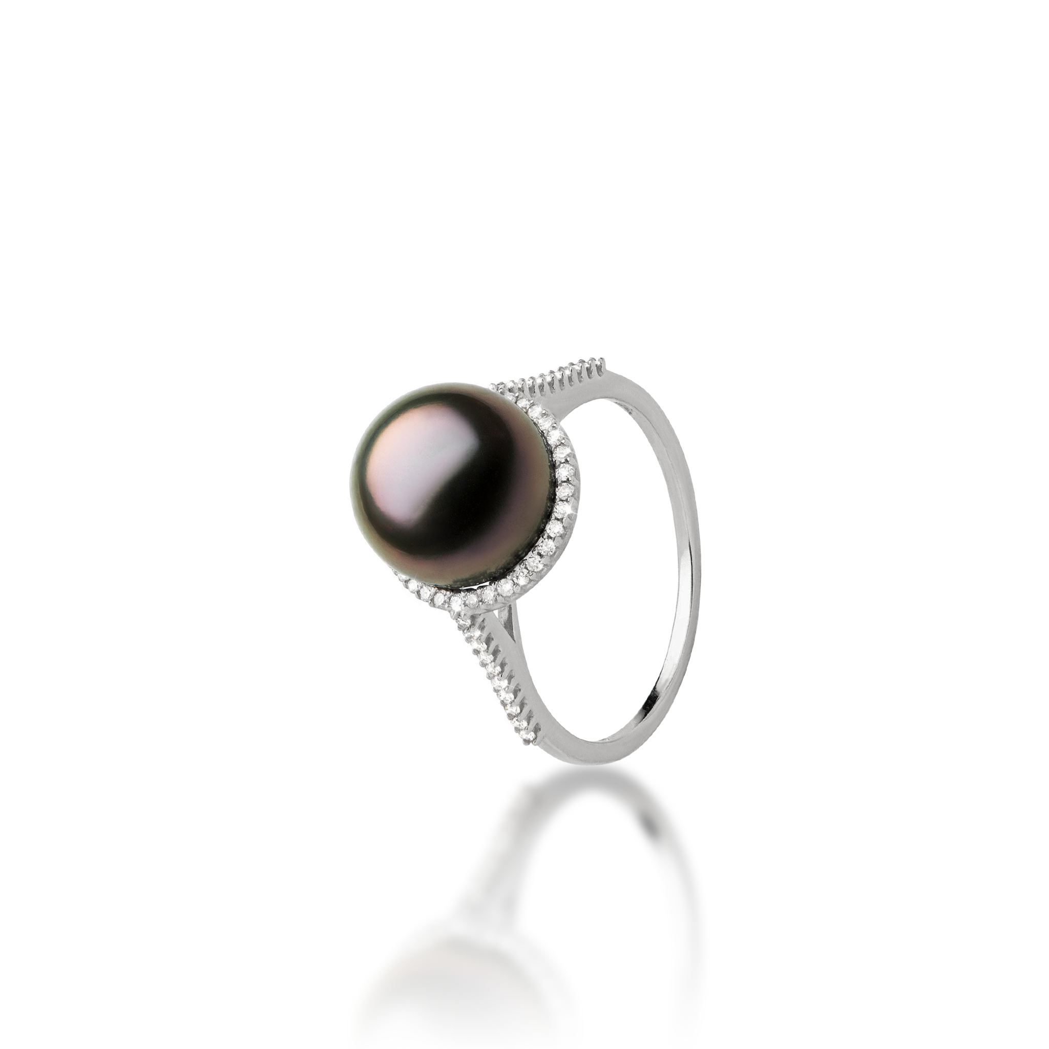Tahitian Black Pearl Halo Ring in White Gold with Diamonds - 9-10mm