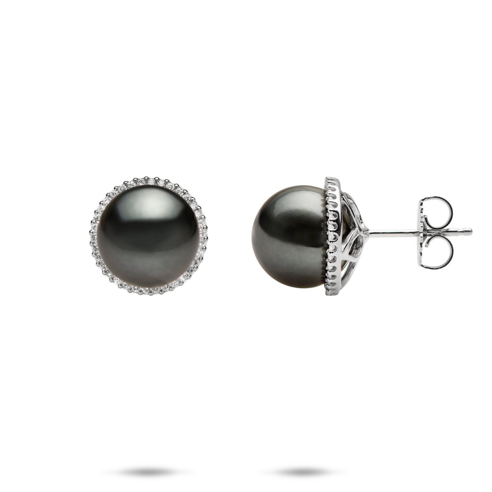 Tahitian Black Pearl Earrings in White Gold with Diamonds - 10-11mm