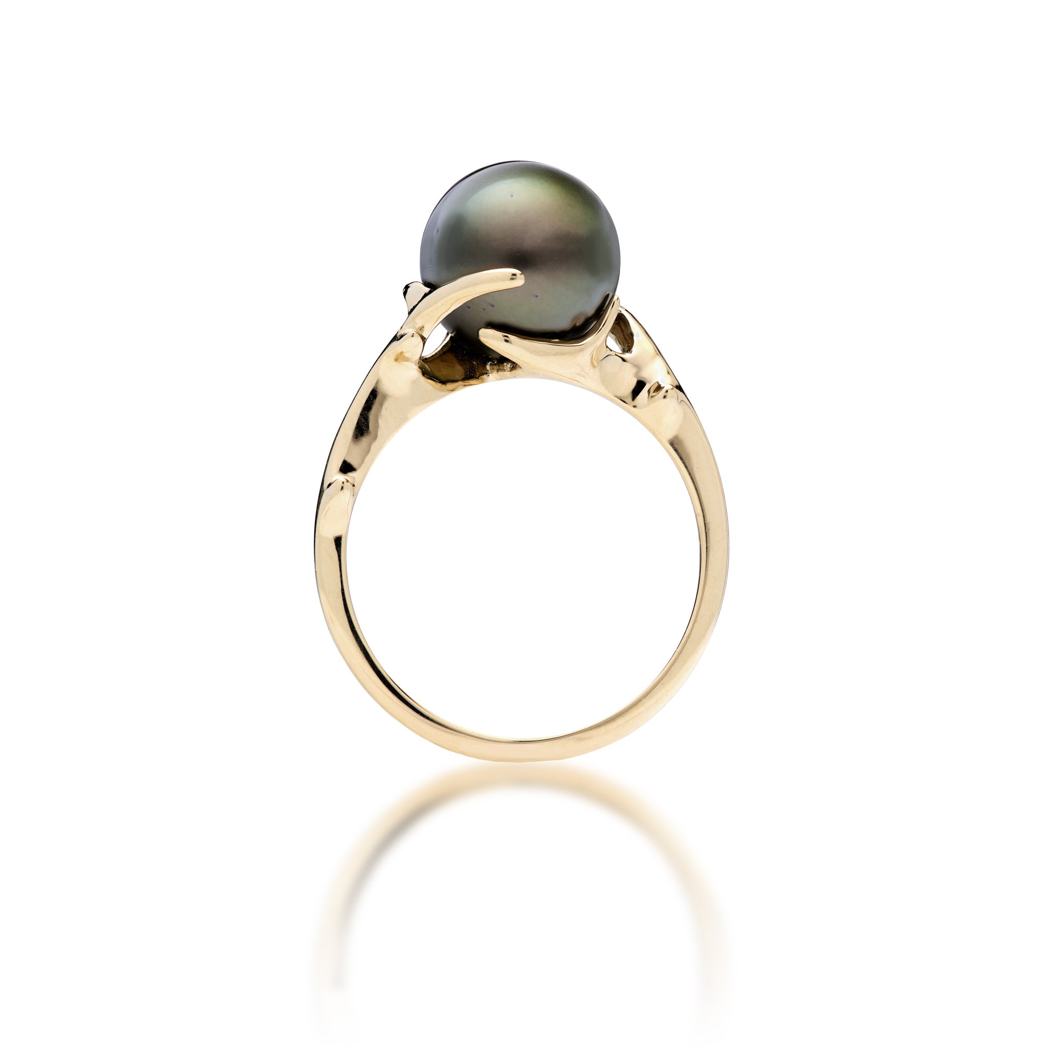 Side view of a 14k Yellow Gold Ring with a Hawaiian black coral branch-inspired design and a Tahitian black pearl on a white background
