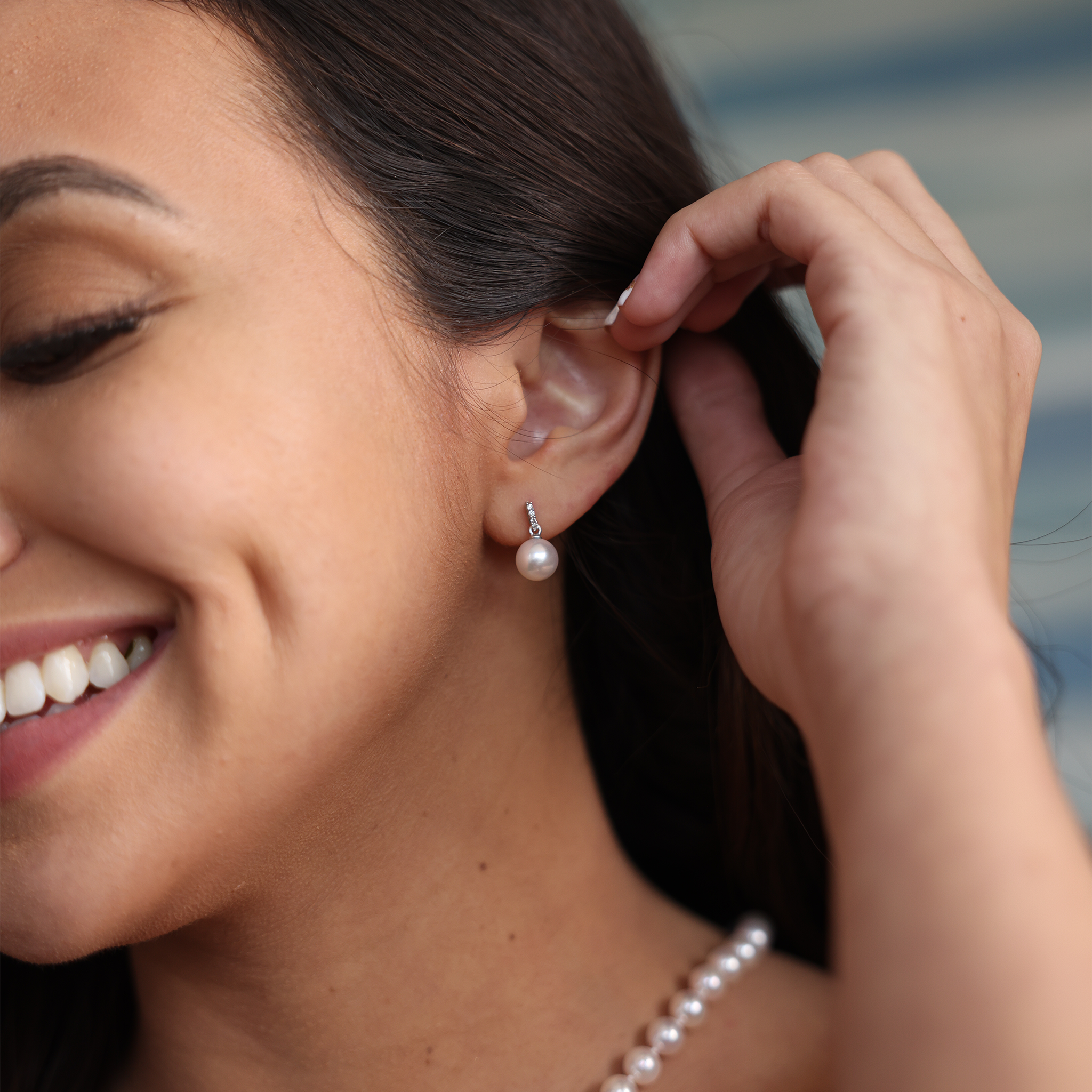 Akoya White Pearl Earrings in White Gold with Diamonds - 8mm