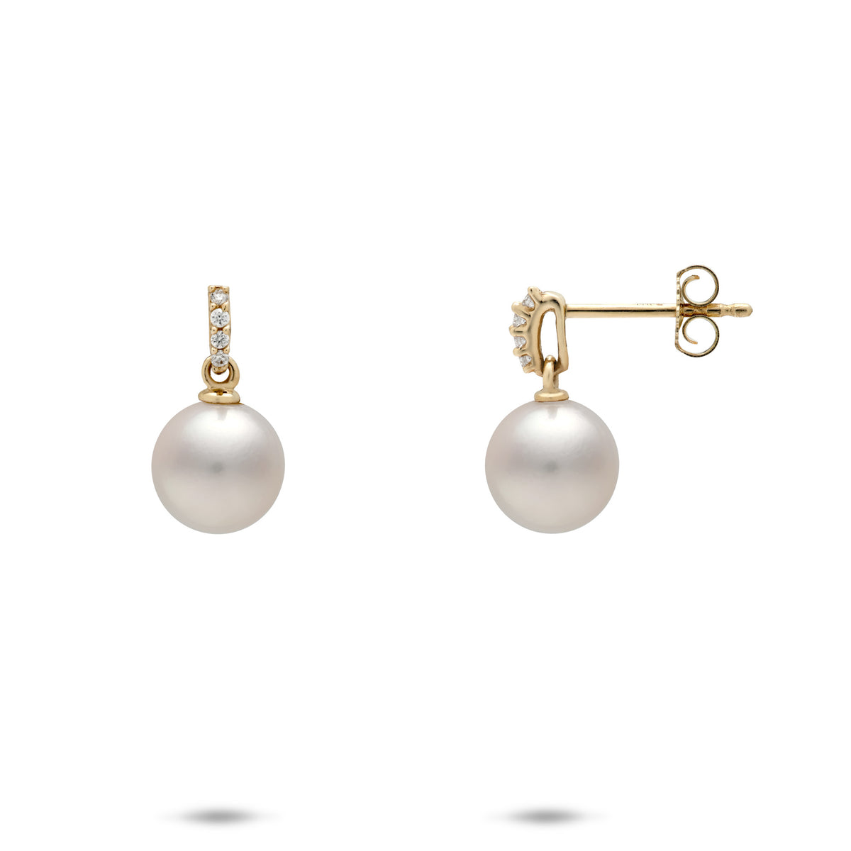 A pair of 14k yellow gold dangle stud earrings with a vertical row of diamonds atop a Akoya white pearl, shown with a front and side view of the butterfly backing, on a white background