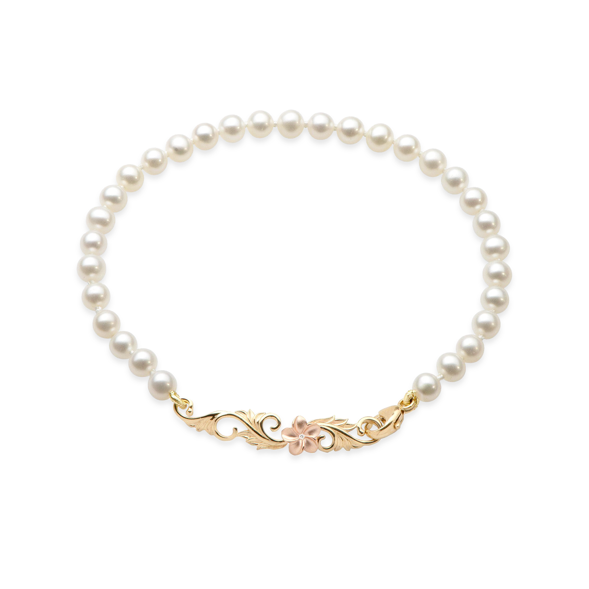 7-7.5" Hawaiian Heirloom Plumeria Freshwater White Pearl Bracelet in Two Tone Gold with Diamond