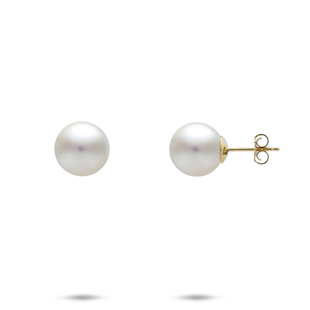 A pair of 9-10mm white freshwater pearl stud earrings in 14k yellow gold, shown with a front and side profile view of the butterfly backing, on a white background