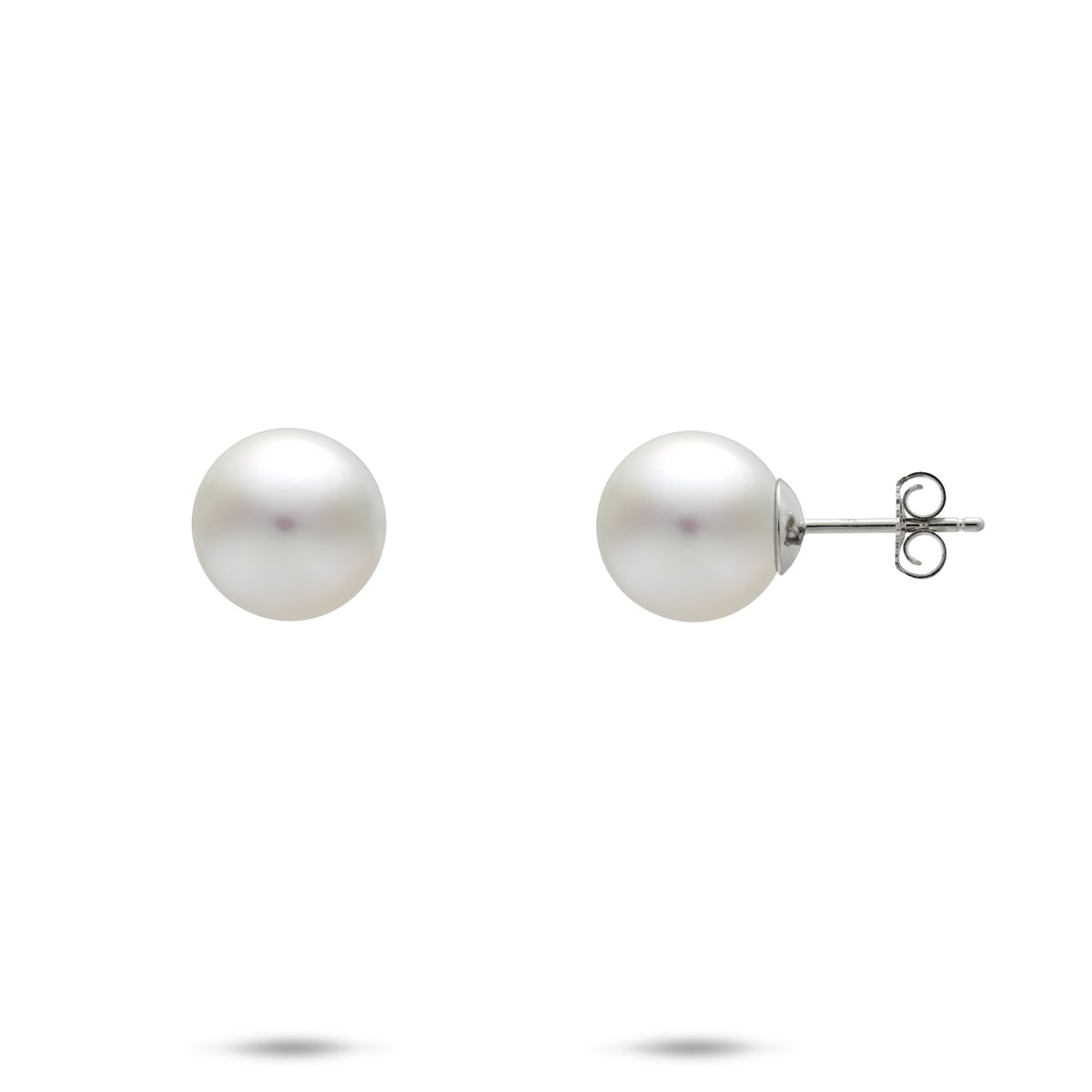 A pair of 9-10mm white freshwater pearl stud earrings in 14k white gold, shown with a front and side profile view of the butterfly backing, on a white background