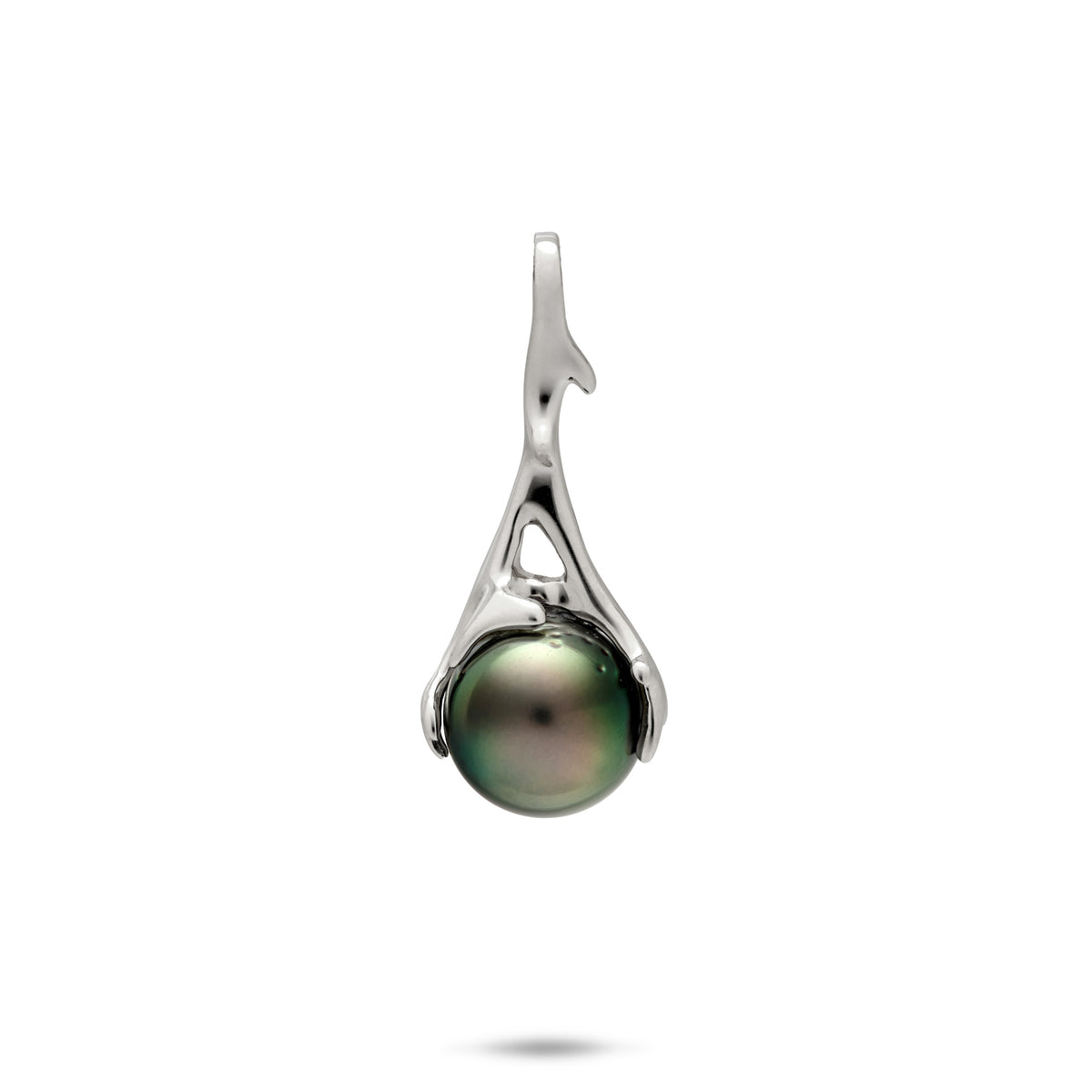 A 14k white gold vertical drop pendant with a coral-branch design that wraps a Tahitian black pearl at the bottom, shown on a white background
