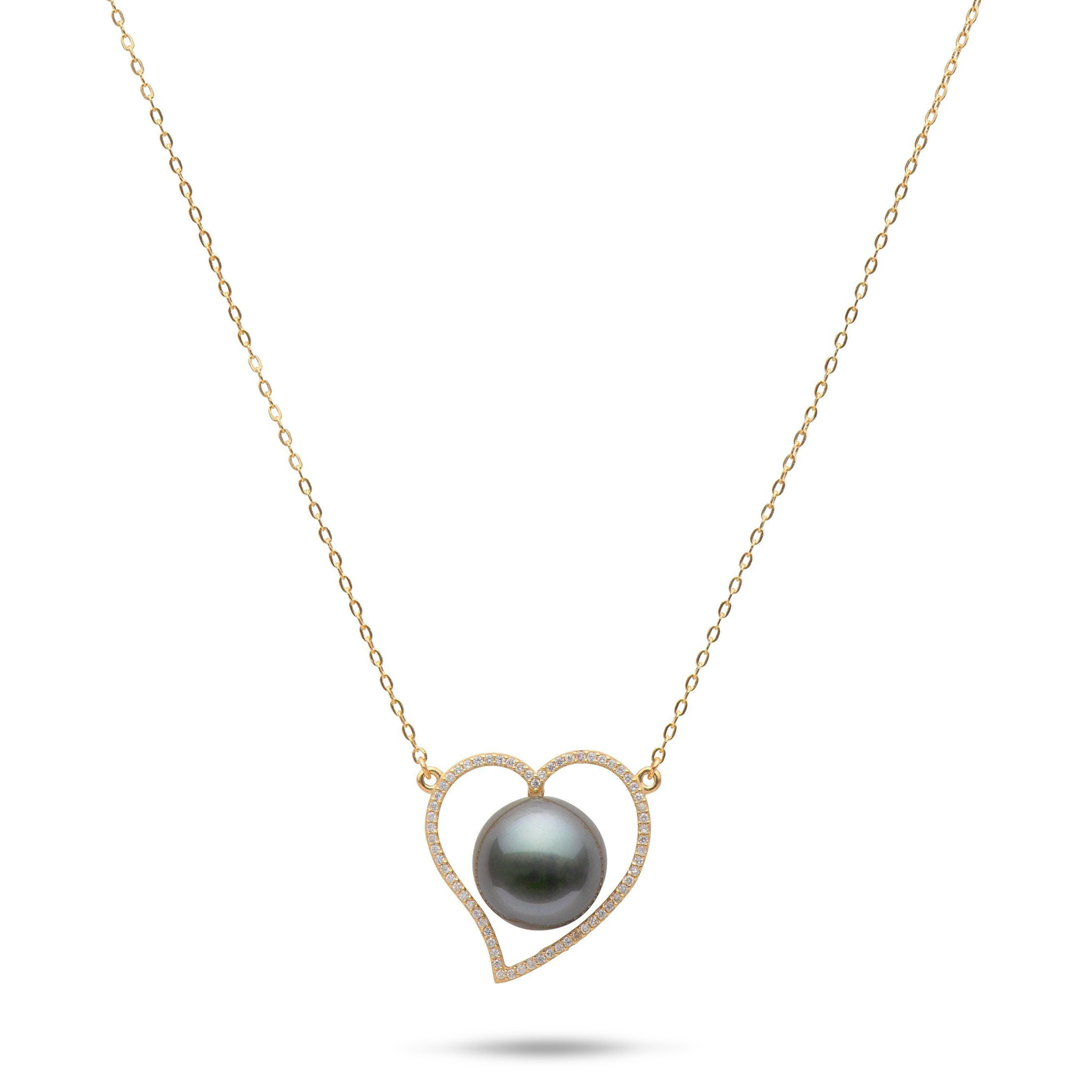 16" Tahitian Black Pearl Heart Necklace in Gold - 12-13mm