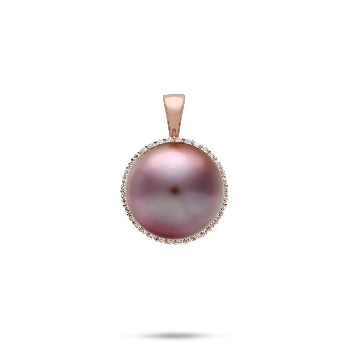 14-15mm Lilac Freshwater Pearl Pendant in 14k Rose Gold with a Diamond halo encircling the pearl, shot on a white background