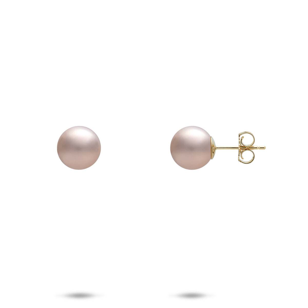 A pair of 7-8mm lavender Freshwater pearl stud earrings, shown with a front and side profile view of the butterfly backing, on a white background