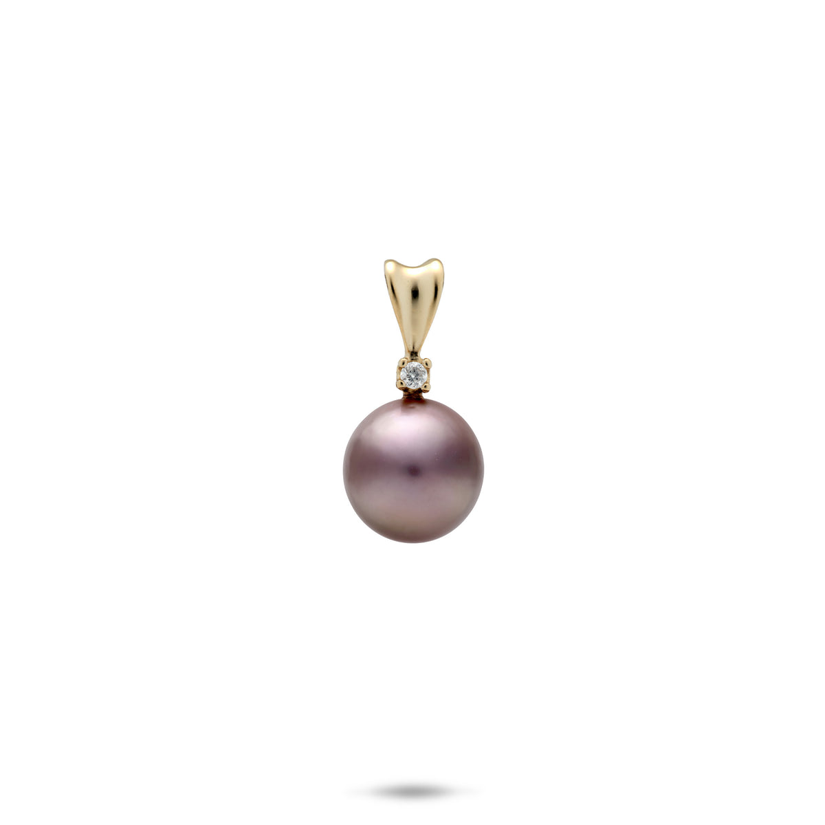 A simple 14k yellow gold pendant with a high-polish v-shape bail, single diamond accent, and 9-10mm lilac freshwater pearl, on a white background