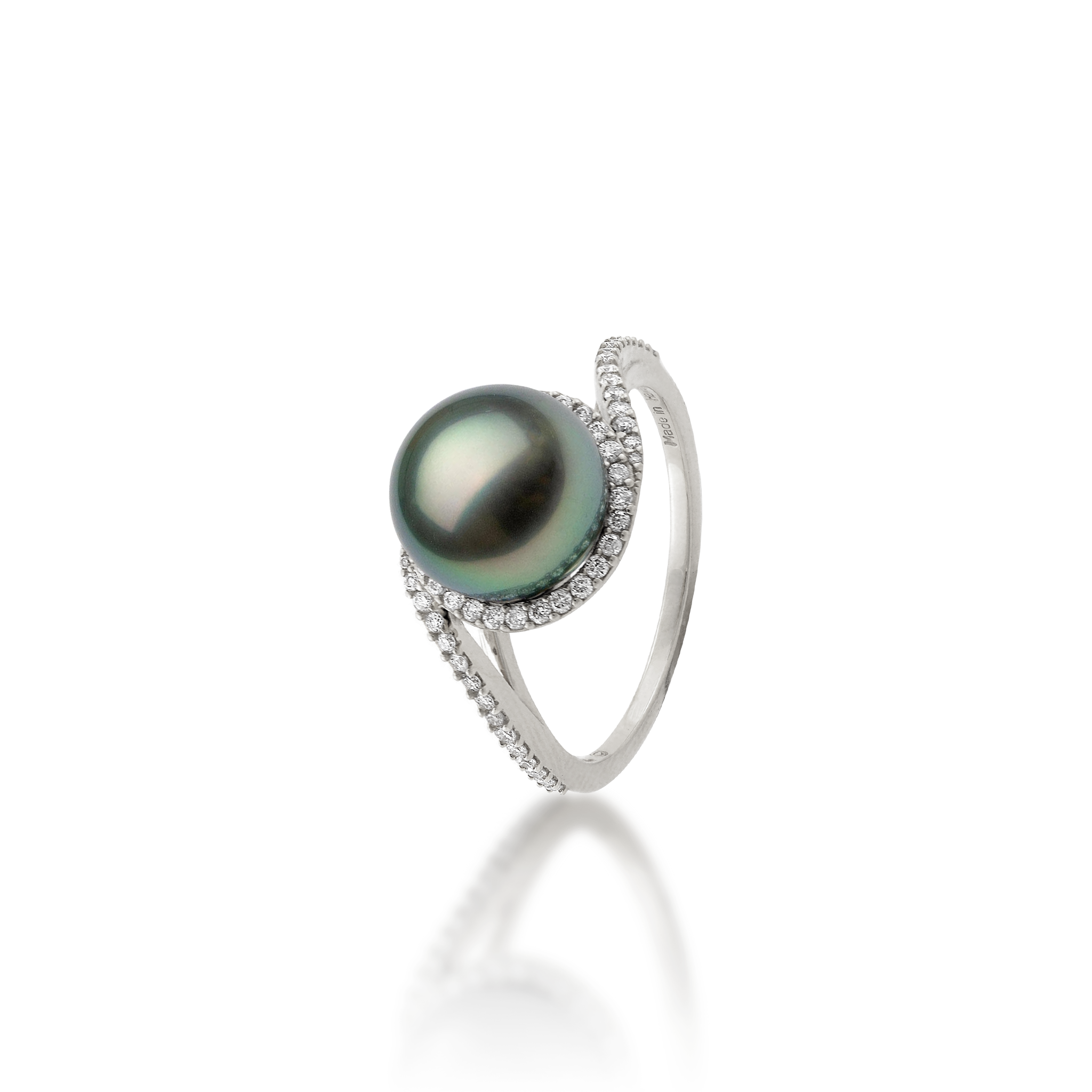 Tahitian Black Pearl Ring in White Gold with Diamonds - 9-10mm