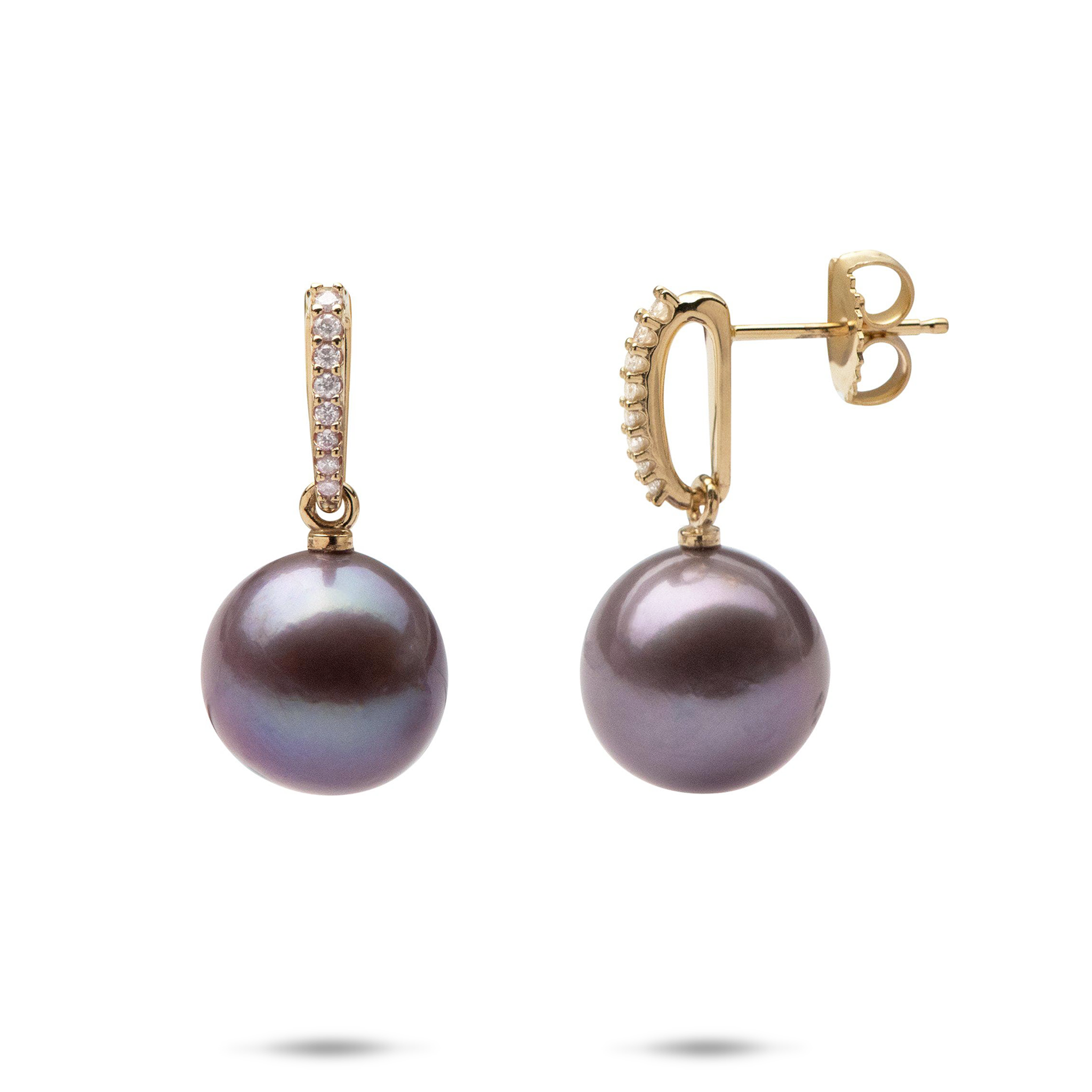 Ultraviolet Freshwater Pearl Earrings in Gold with Diamonds - 11-12mm