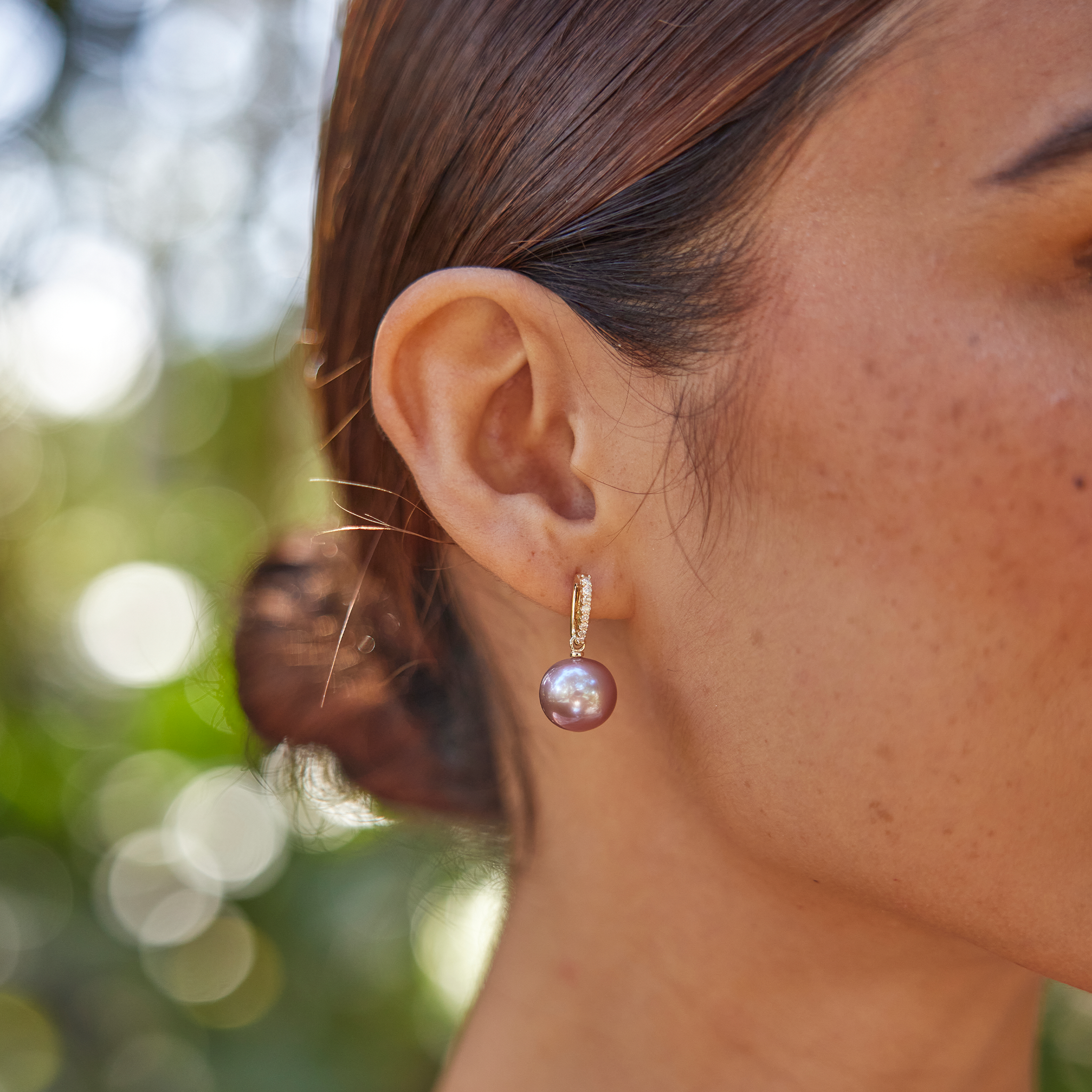 Ultraviolet Freshwater Pearl Earrings in Gold with Diamonds - 11-12mm