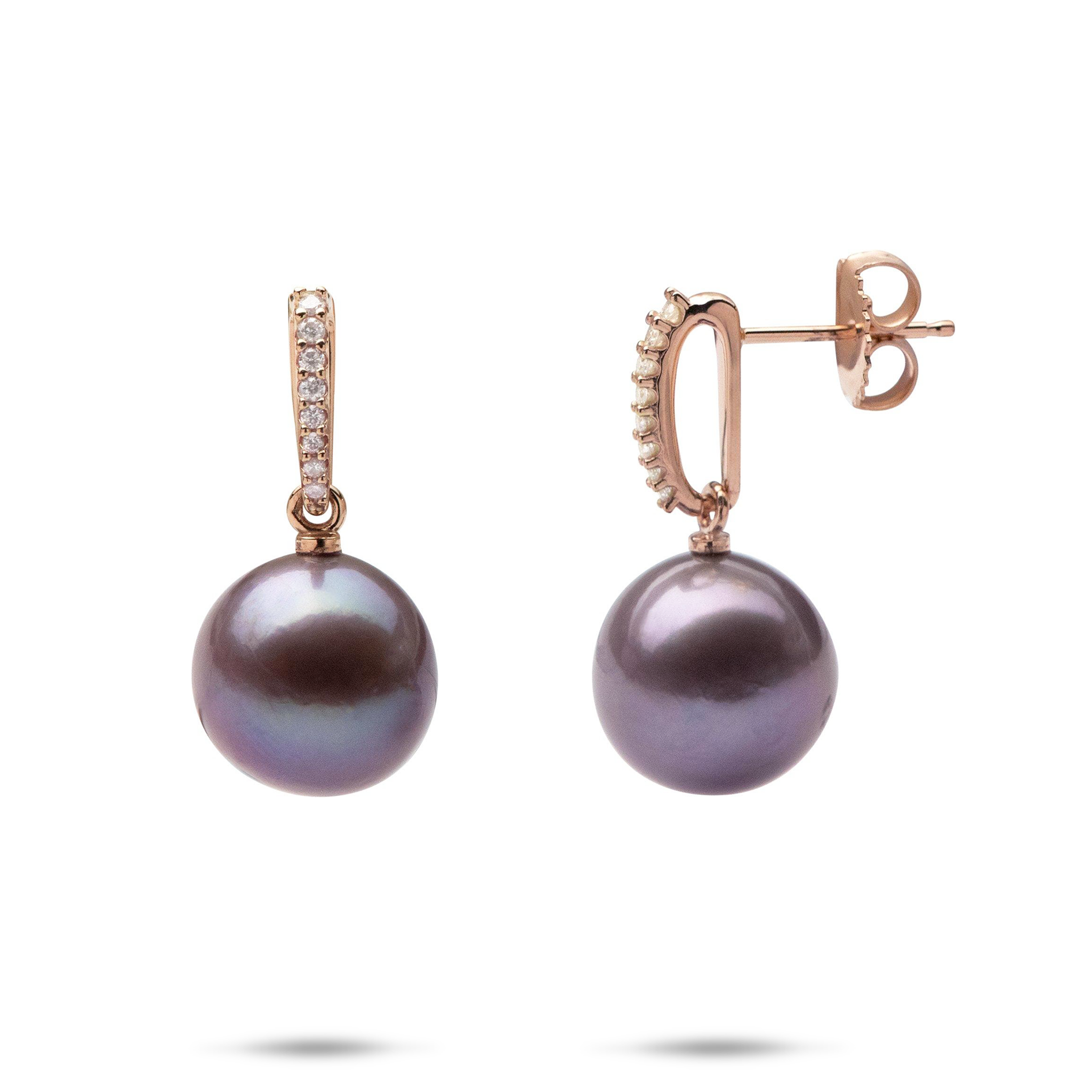 Ultraviolet Pearl Earrings in Rose Gold with Diamonds - 11-12mm