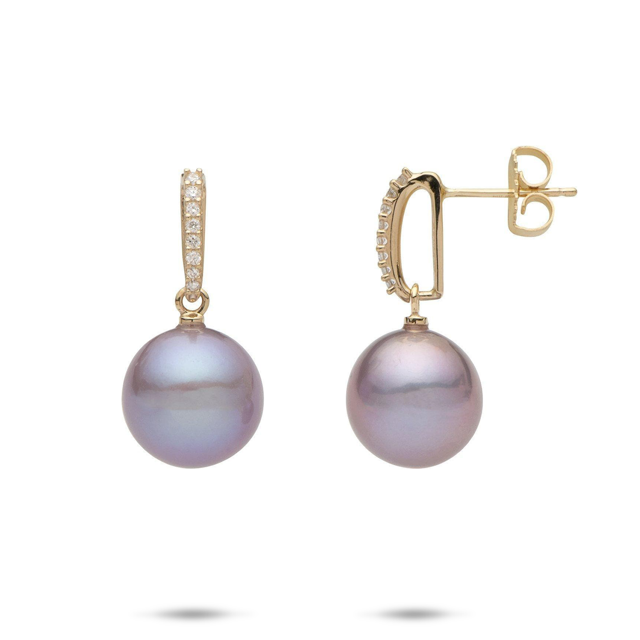 Lilac Freshwater Pearl Earrings in Gold with Diamonds - 11-12mm