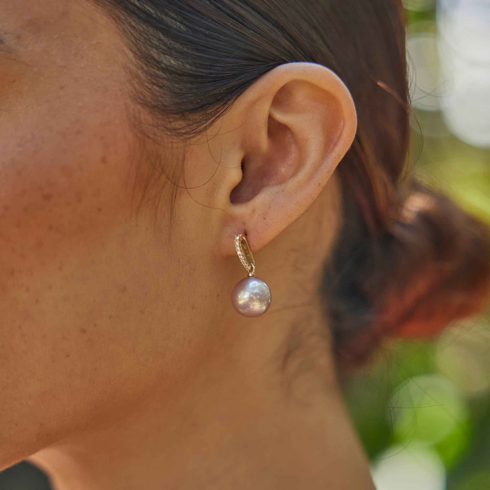 Lilac Freshwater Pearl Earrings in Gold with Diamonds - 11-12mm