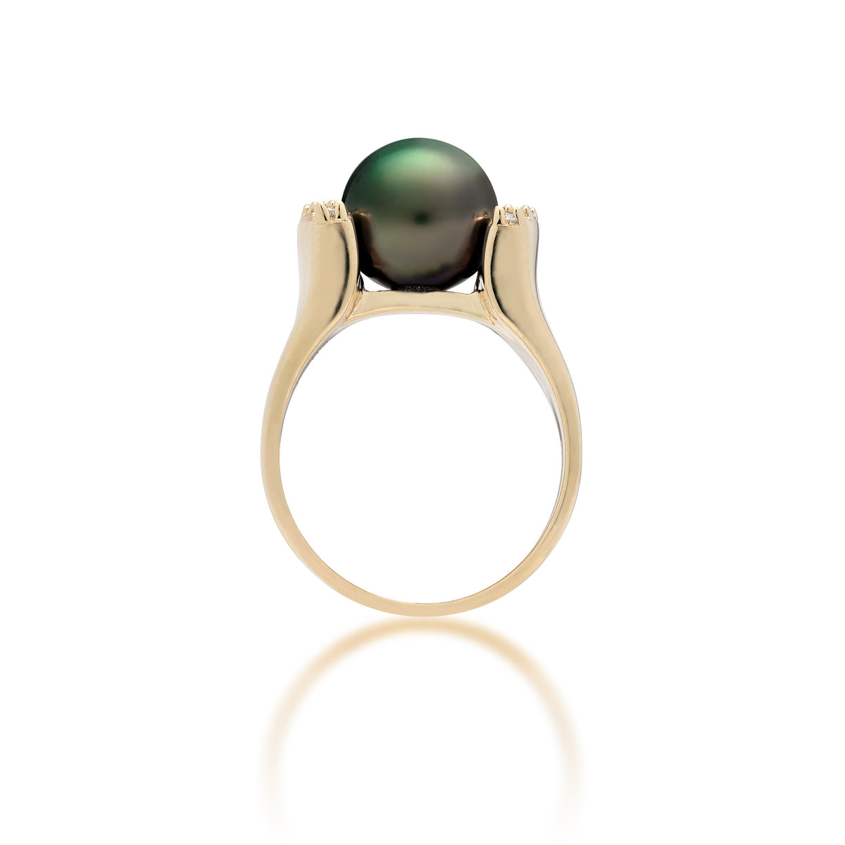 Profile view of a 14k yellow gold ring with a Tahitian black pearl at the crown and a curved row of diamonds on each side, shown on a white background