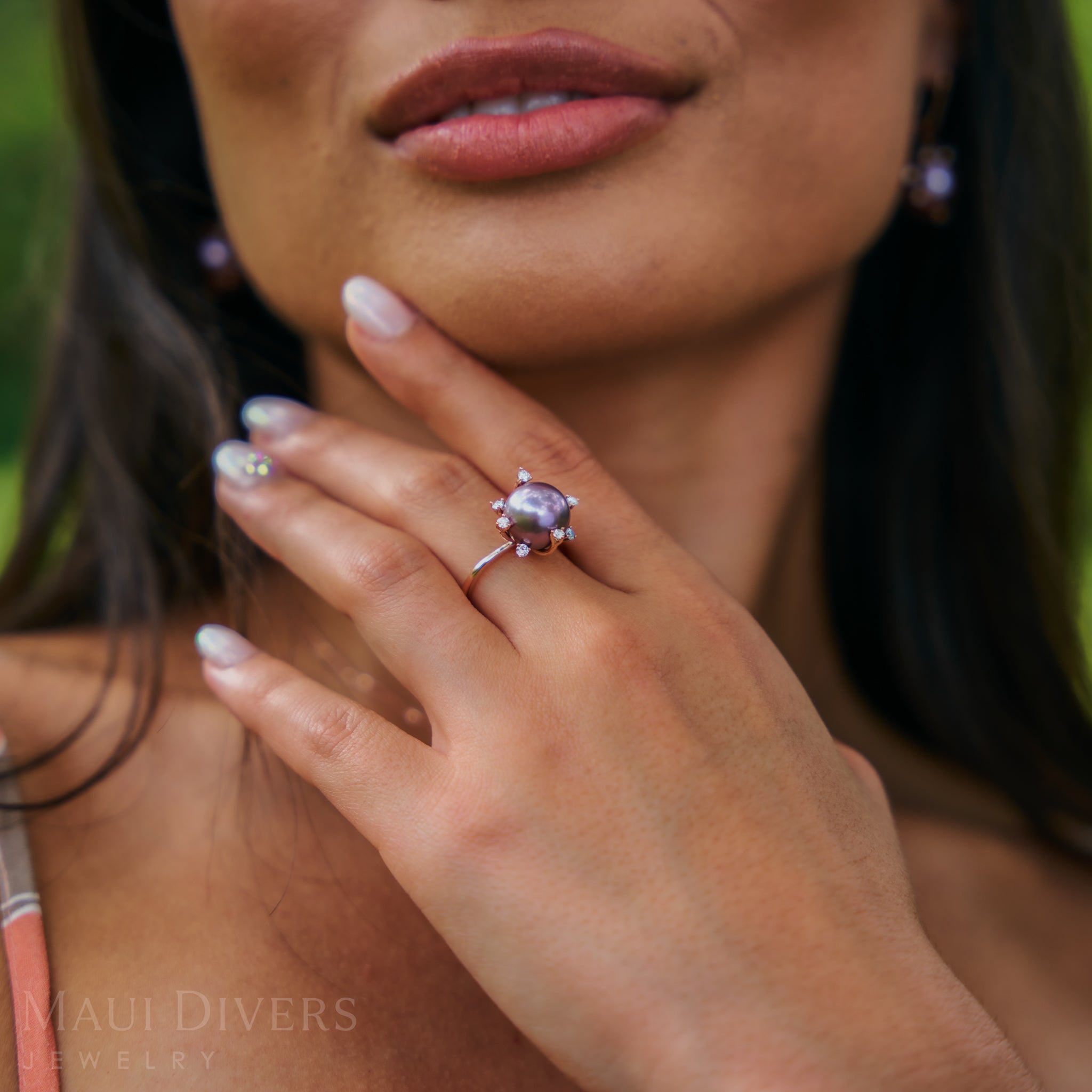 Protea Lilac Freshwater Pearl Ring in Rose Gold with Diamonds - 10-11mm