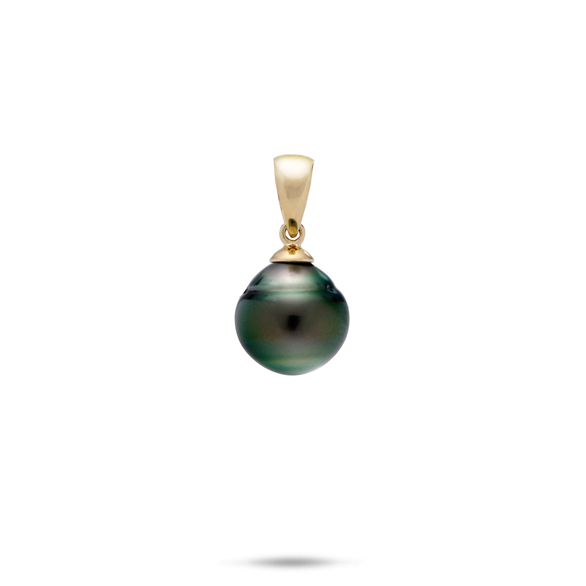 A simple 14k yellow gold pendant with a high-polish bail and 8-12mm baroque Tahitian black pearl with green overtones, shown on a white background