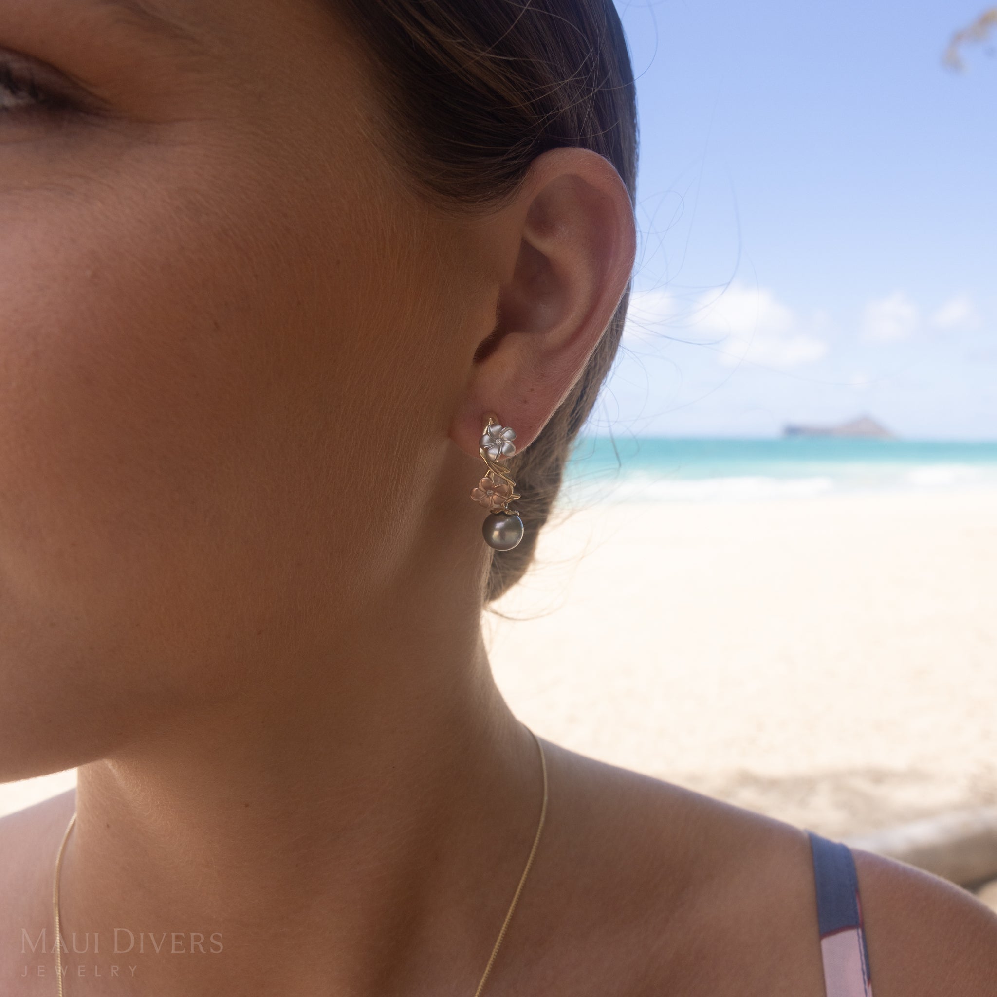 Pearls in Bloom Plumeria Tahitian Black Pearl Earrings in Tri Color Gold with Diamonds - 23mm