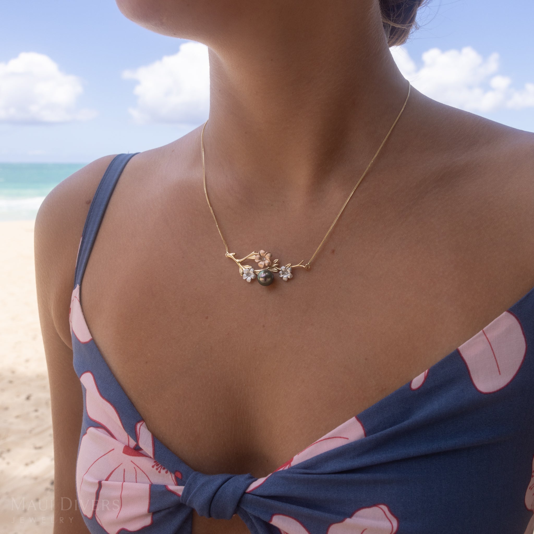 16-18" Adjustable Pearls in Bloom Plumeria Tahitian Black Pearl Necklace in Tri Color Gold with Diamonds - 48mm