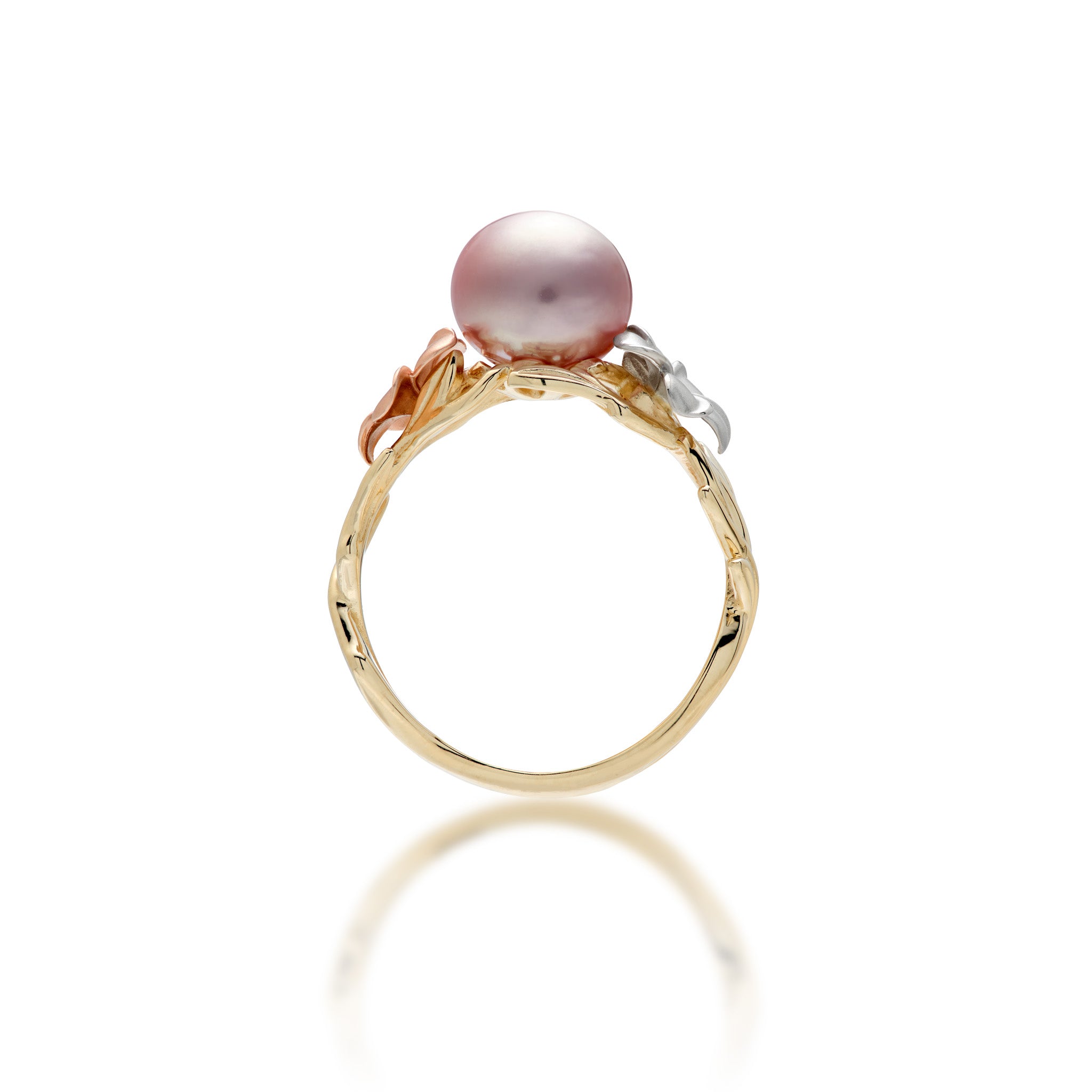 Band view of the Pearls in Bloom Plumeria 8mm Lavender Freshwater Pearl Ring in Tri Color Gold with Diamonds on a white background
