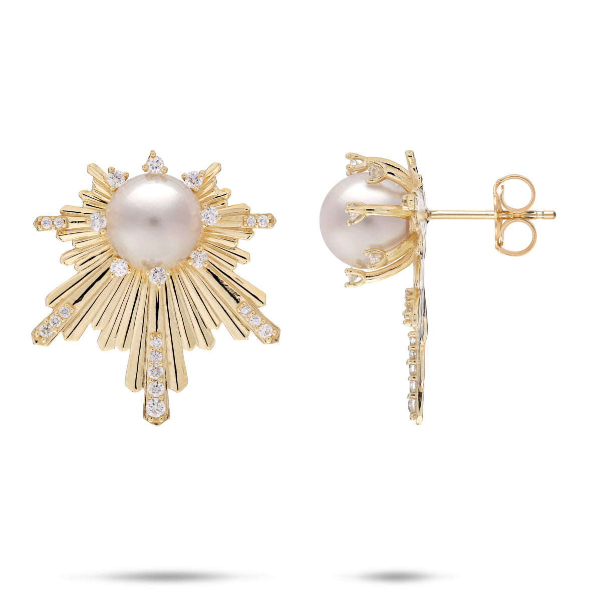 A pair of 14k yellow gold Hawaiian sunrise inspired stud earrings featuring 8mm Akoya Pearls and pavé diamonds at the edges and around the pearl, shown from both front and side angles on a white background.