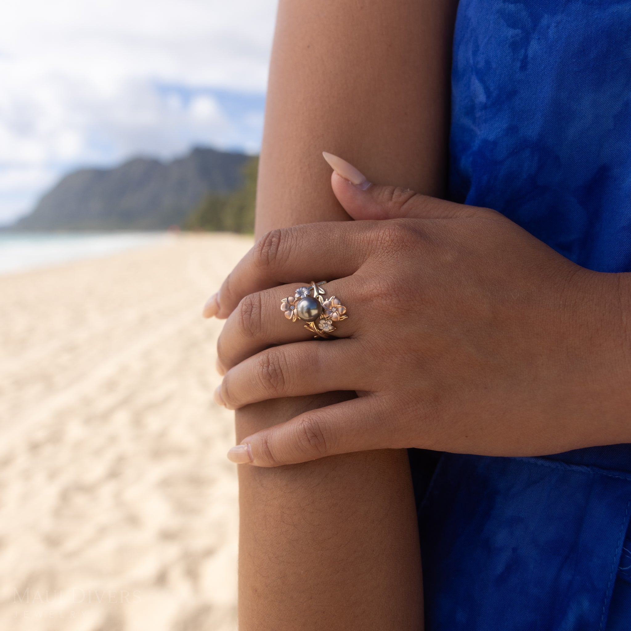 Pearls in Bloom Plumeria Tahitian Black Pearl Ring in Tri Color Gold with Diamonds - 22mm