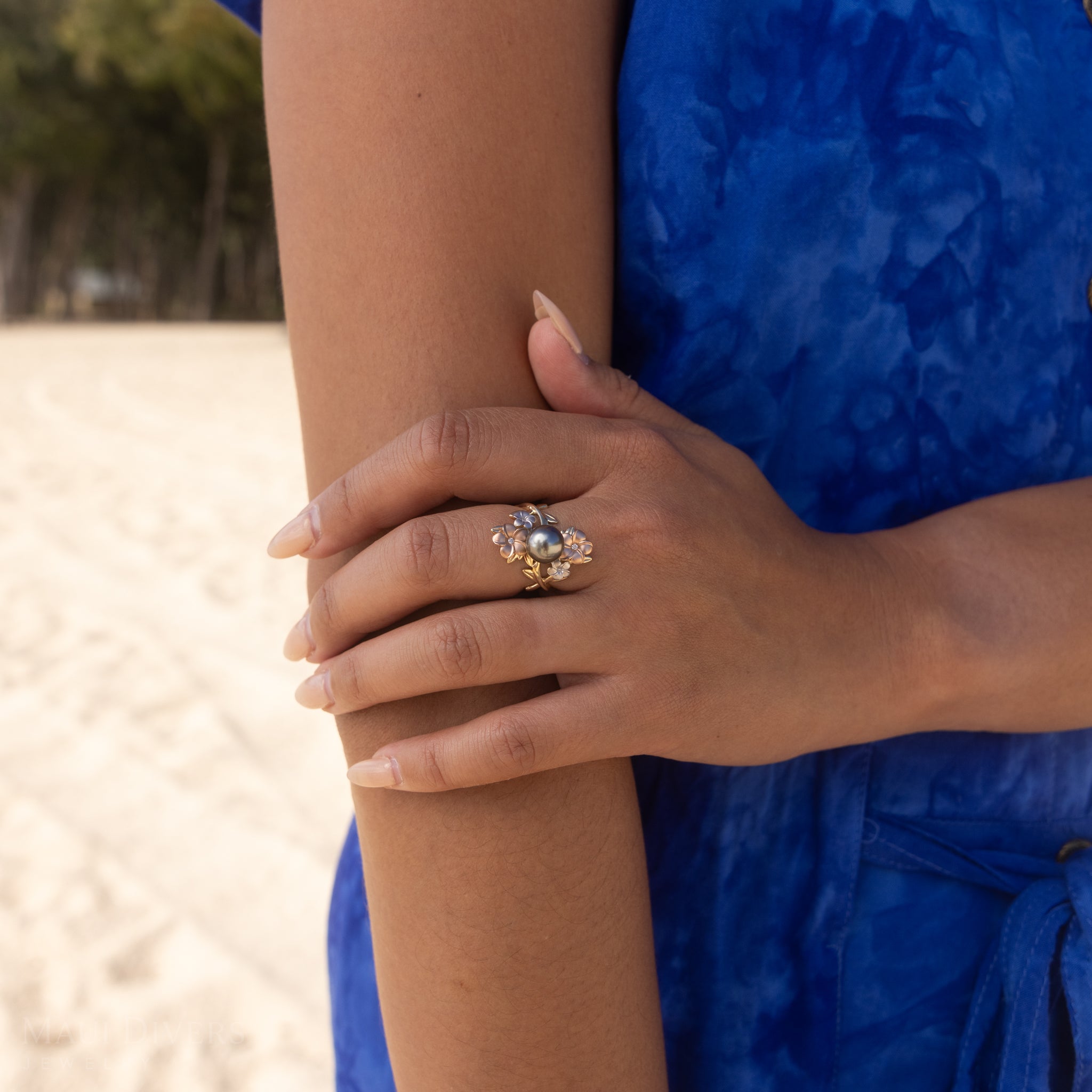 Pearls in Bloom Plumeria Tahitian Black Pearl Ring in Tri Color Gold with Diamonds - 22mm