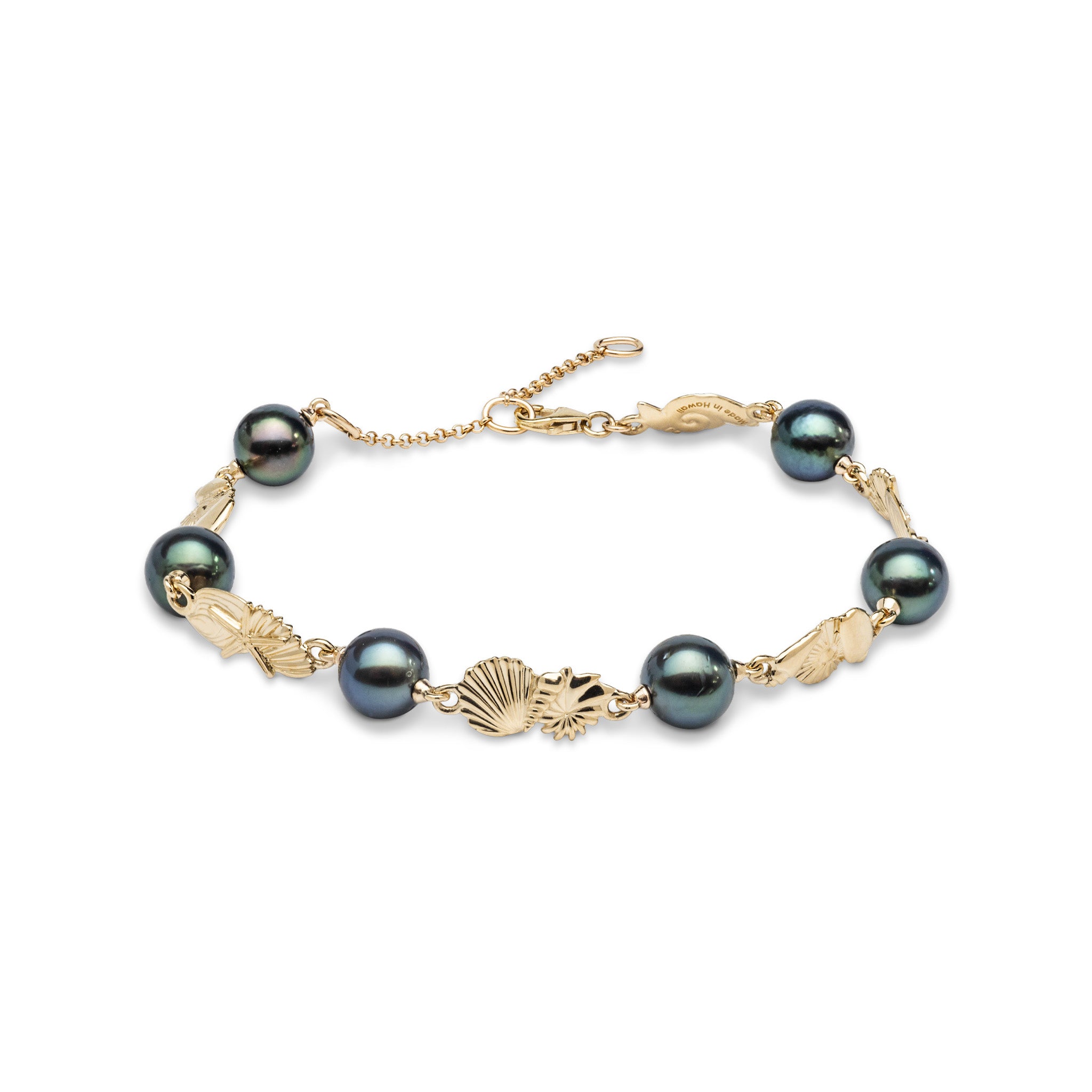 7-9" Adjustable Seashells Tahitian Black Pearl Bracelet in Gold