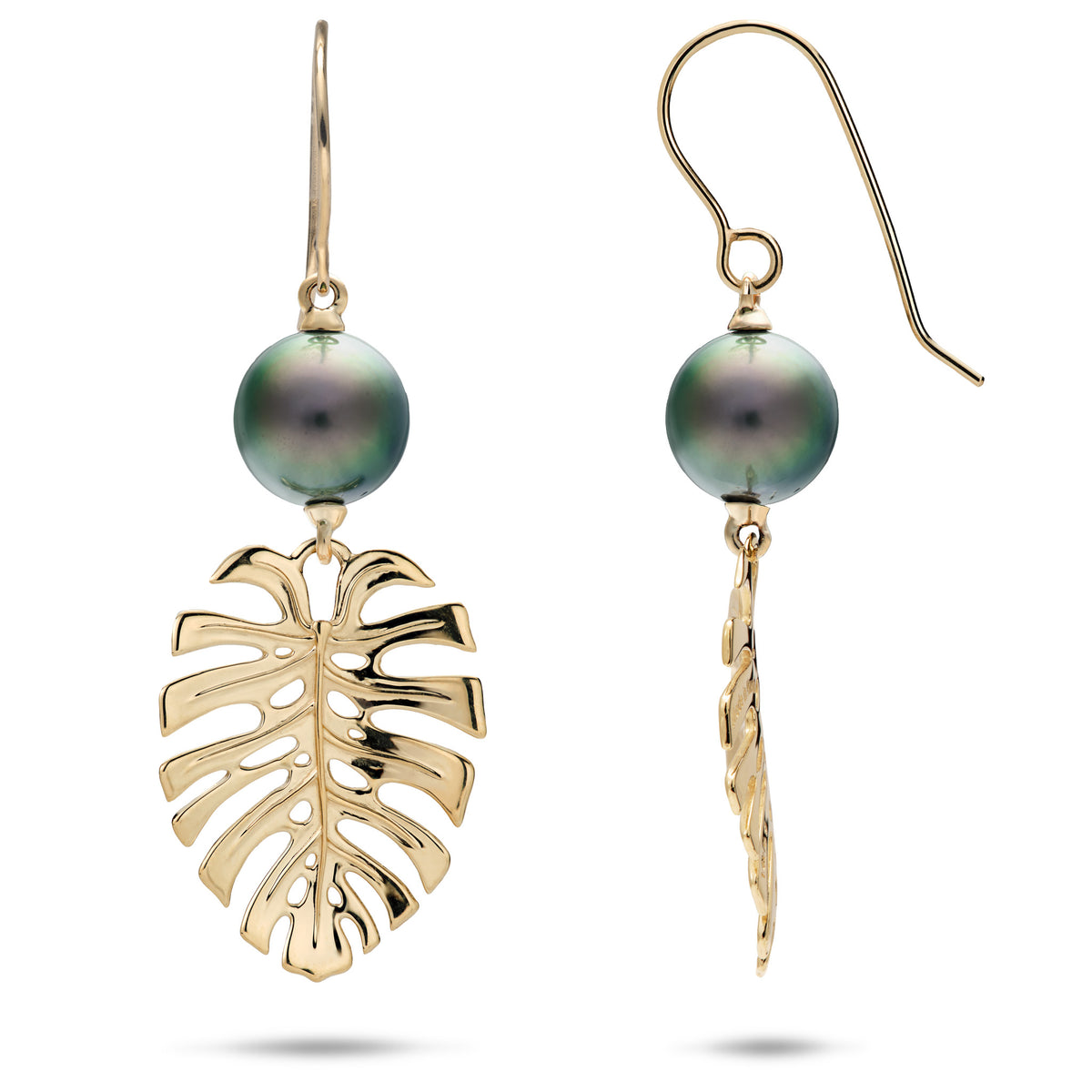 A pair of 14k yellow gold shepherd's hook earrings with Tahitian black pearls and high-polish monstera leaf at the bottom, shown with a front and side view, on a white background