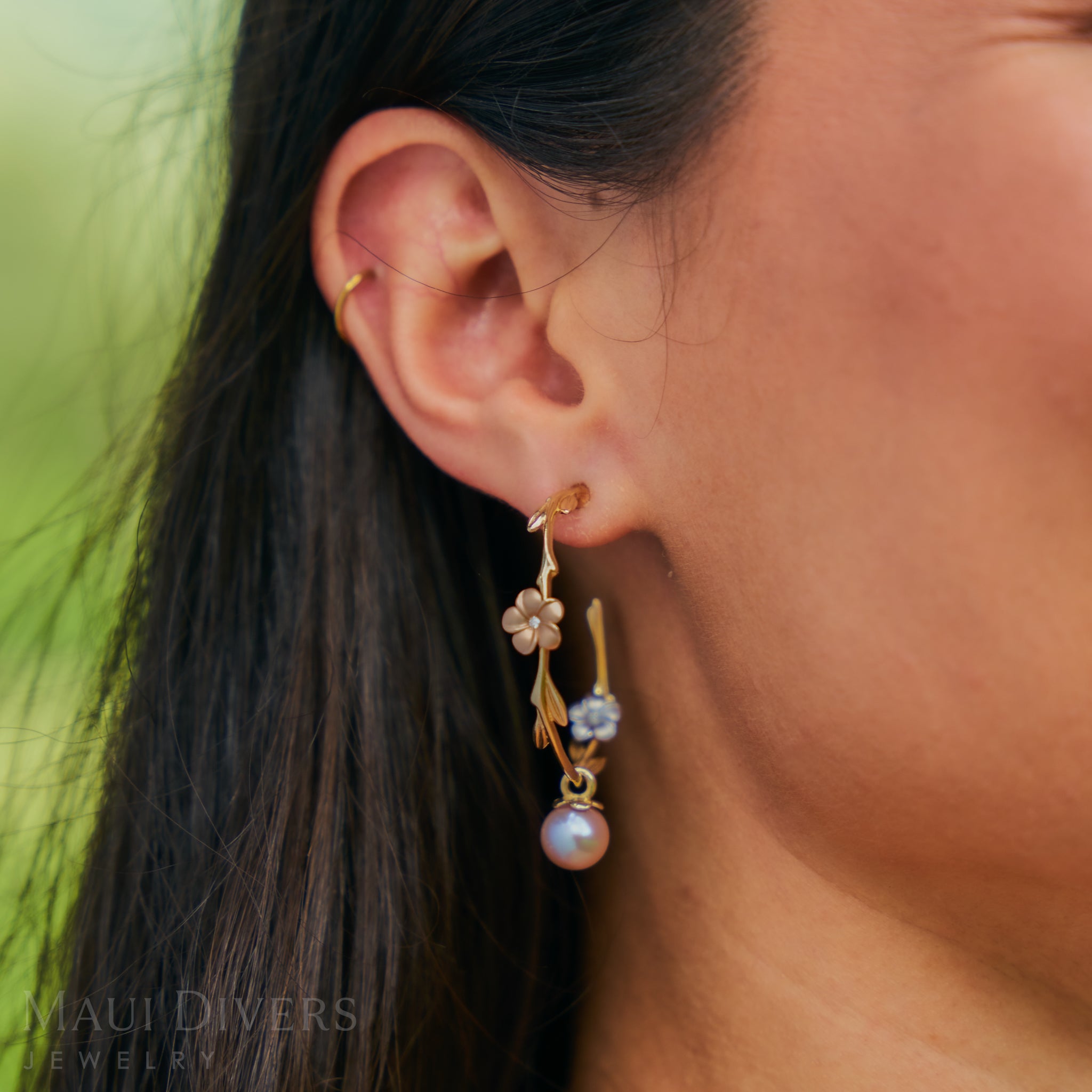 Pearls in Bloom Plumeria Lavender Freshwater Pearl Earrings in Tri Color Gold with Diamonds - 33mm