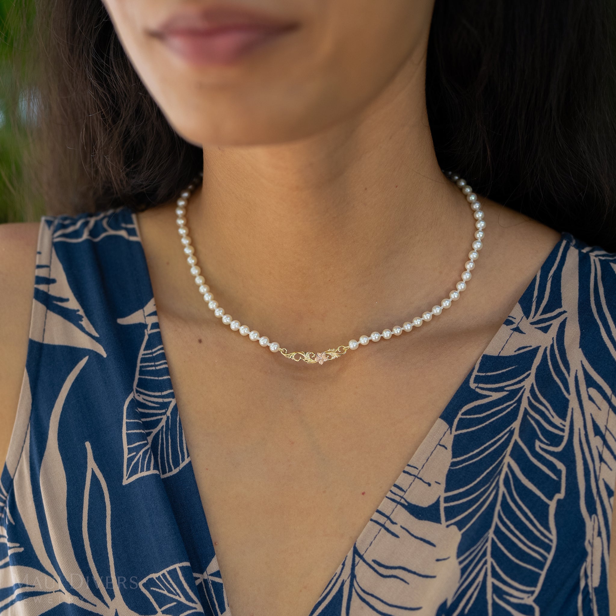 16-18" Adjustable Hawaiian Heirloom Plumeria Freshwater Pearl Necklace in Two Tone Gold with Diamond