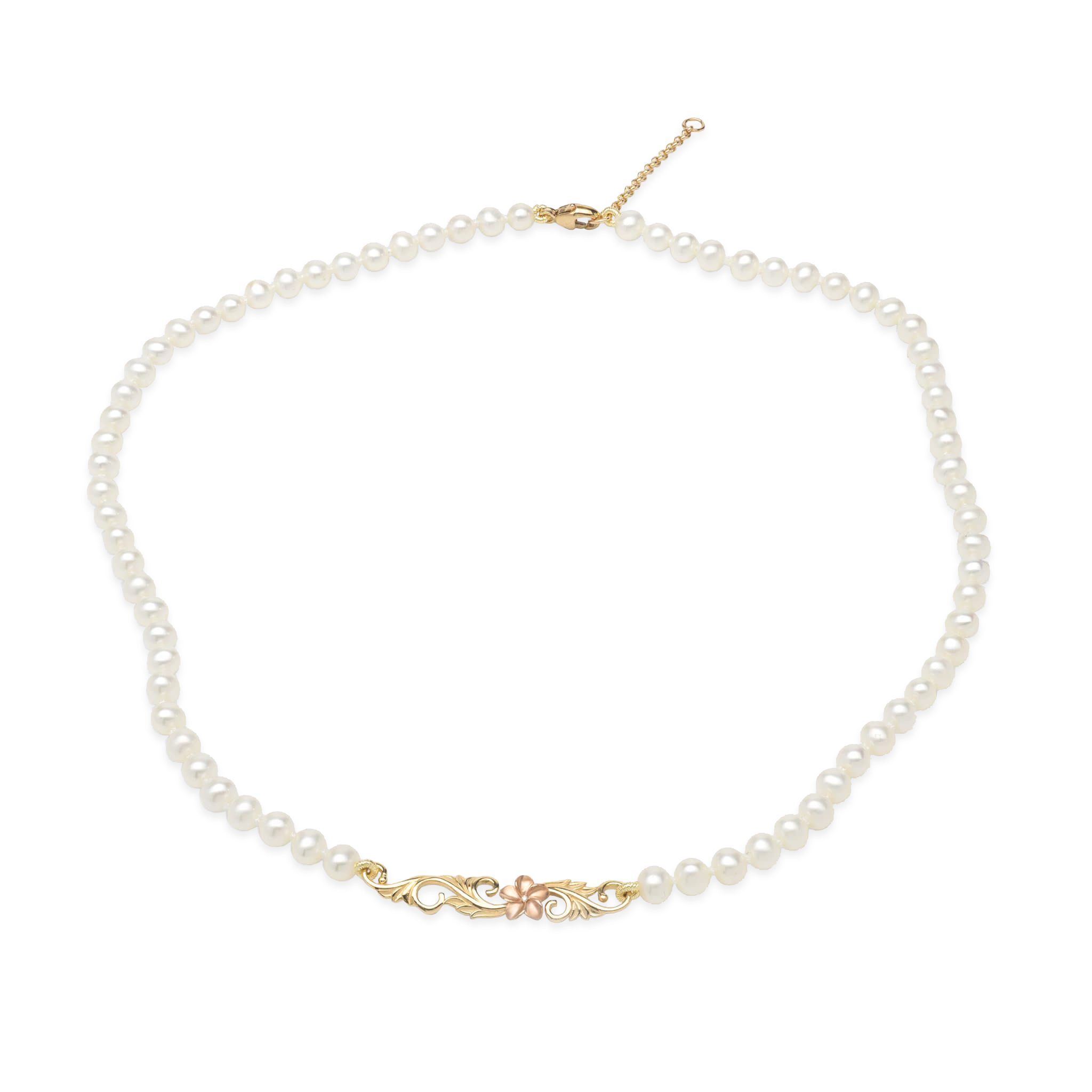 16-18" Adjustable Hawaiian Heirloom Plumeria Freshwater White Pearl Necklace in Two Tone Gold with Diamond