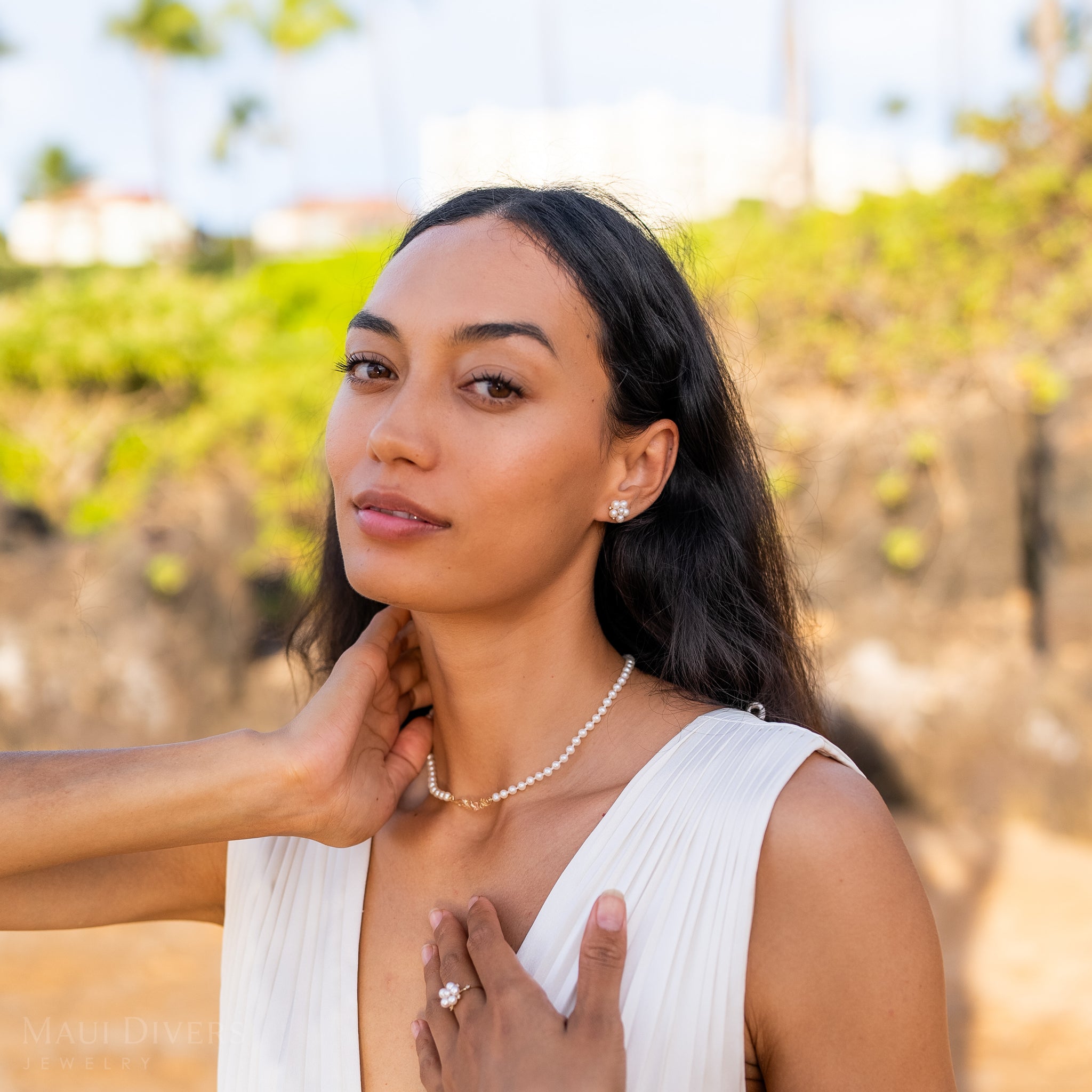 16-18" Adjustable Hawaiian Heirloom Plumeria Freshwater Pearl Necklace in Two Tone Gold with Diamond