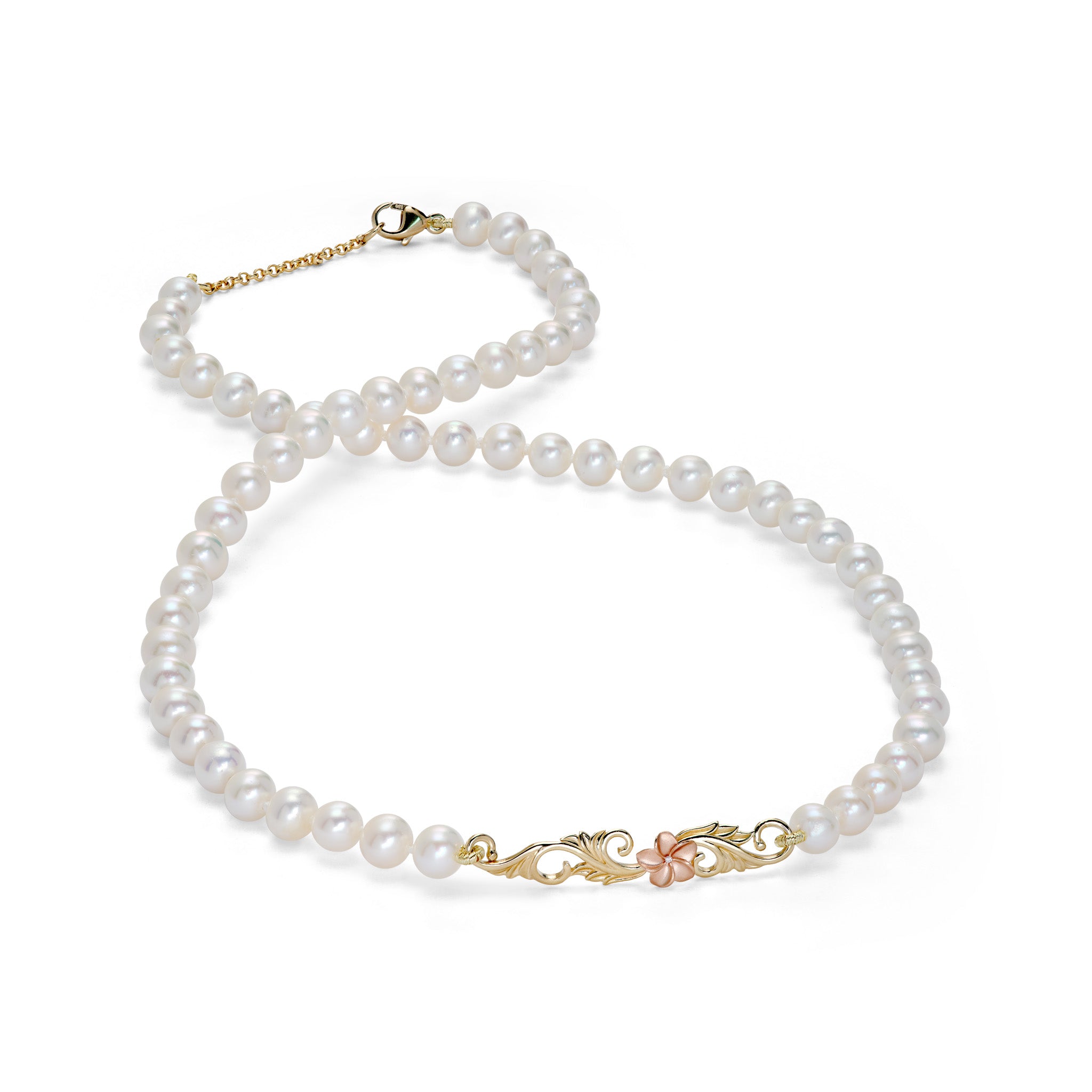 16-18" Adjustable Freshwater White Pearl Necklace with 14k Rose and Yellow Gold Hawaiian Heirloom Plumeria Clasp