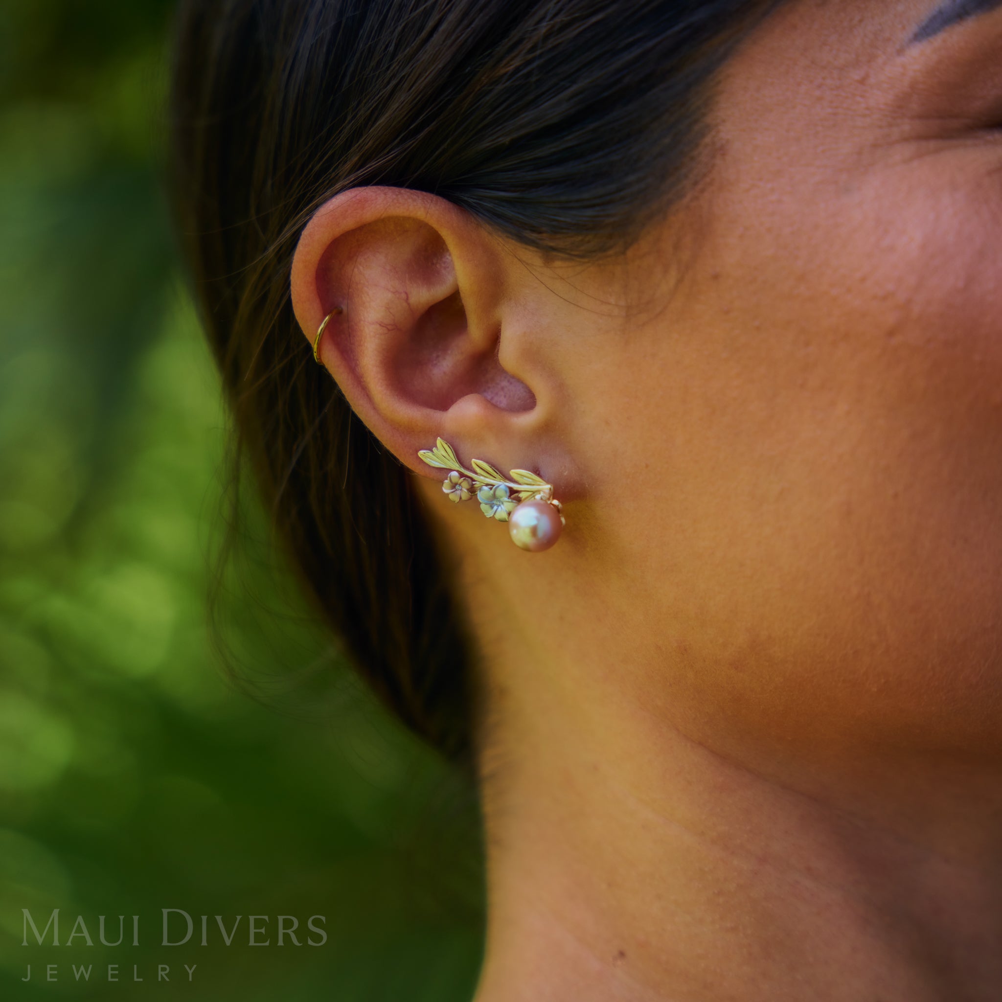 Pearls in Bloom Plumeria Lavender Freshwater Pearl Climber Earrings in Tri Color Gold with Diamonds