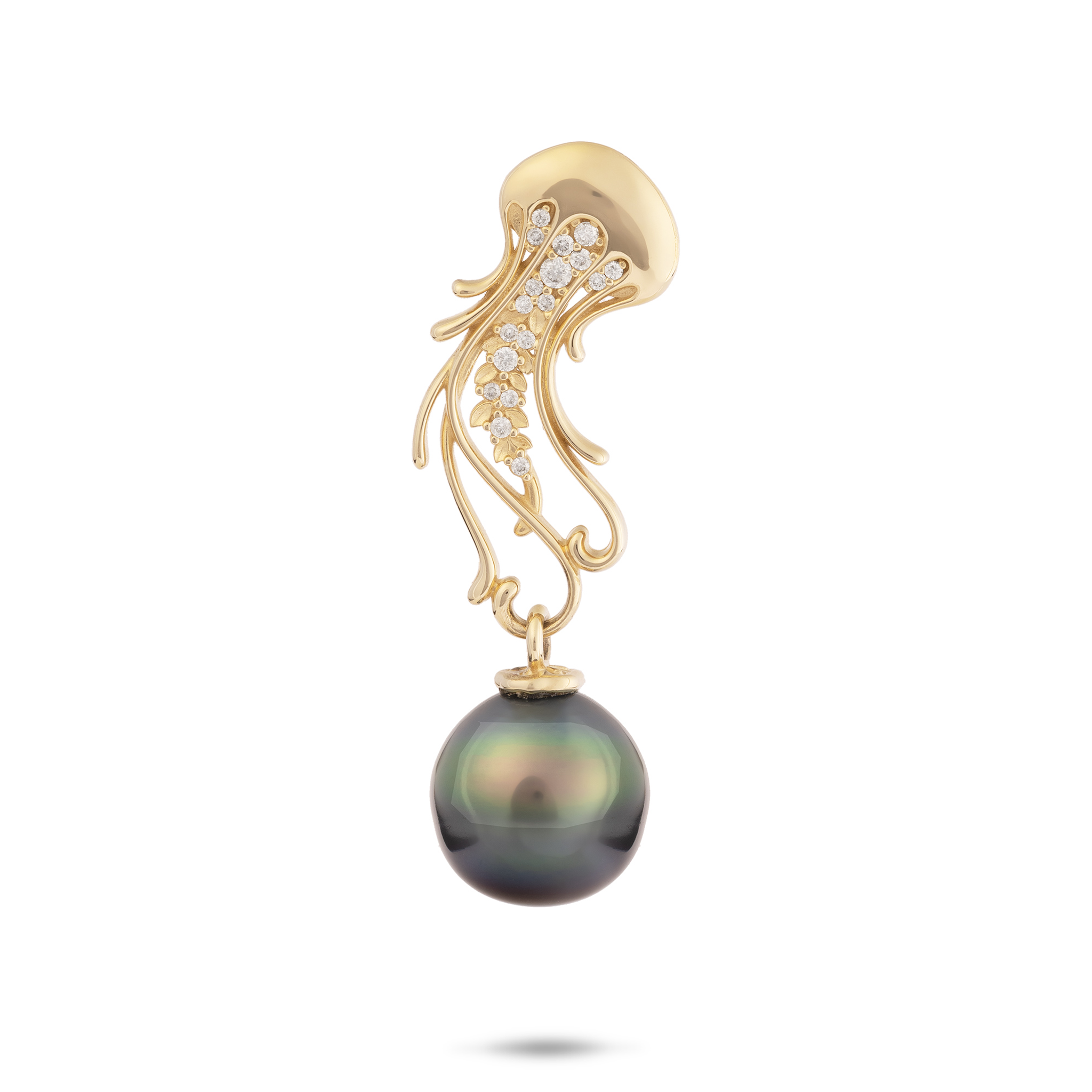 Ocean Dance Jellyfish Tahitian Black Pearl Pendant in Gold with Diamonds - 9-10mm