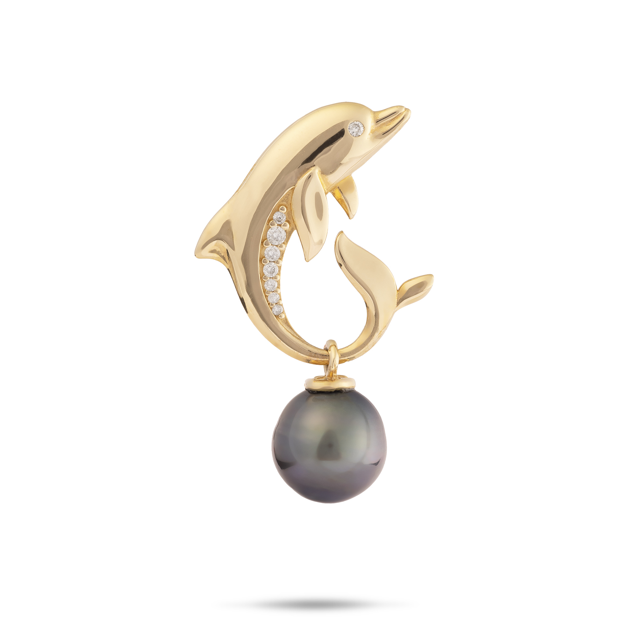 Ocean Dance Dolphin Tahitian Black Pearl Pendant in Gold with Diamonds - 9-10mm