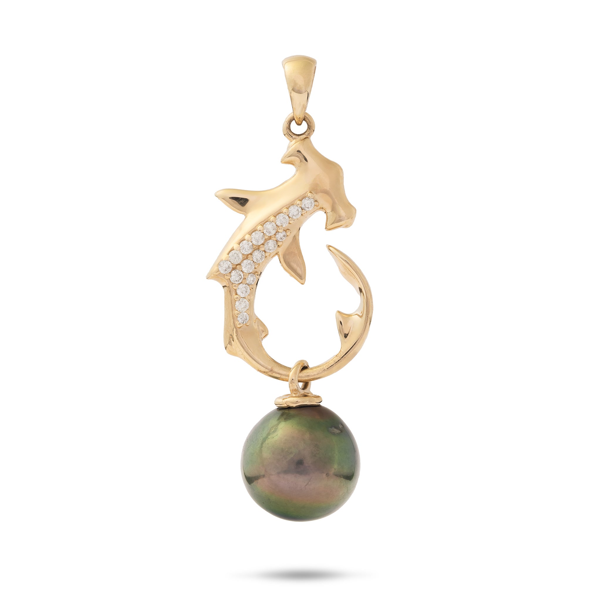 Ocean Dance Hammerhead Shark Tahitian Black Pearl Pendant in Gold with Diamonds