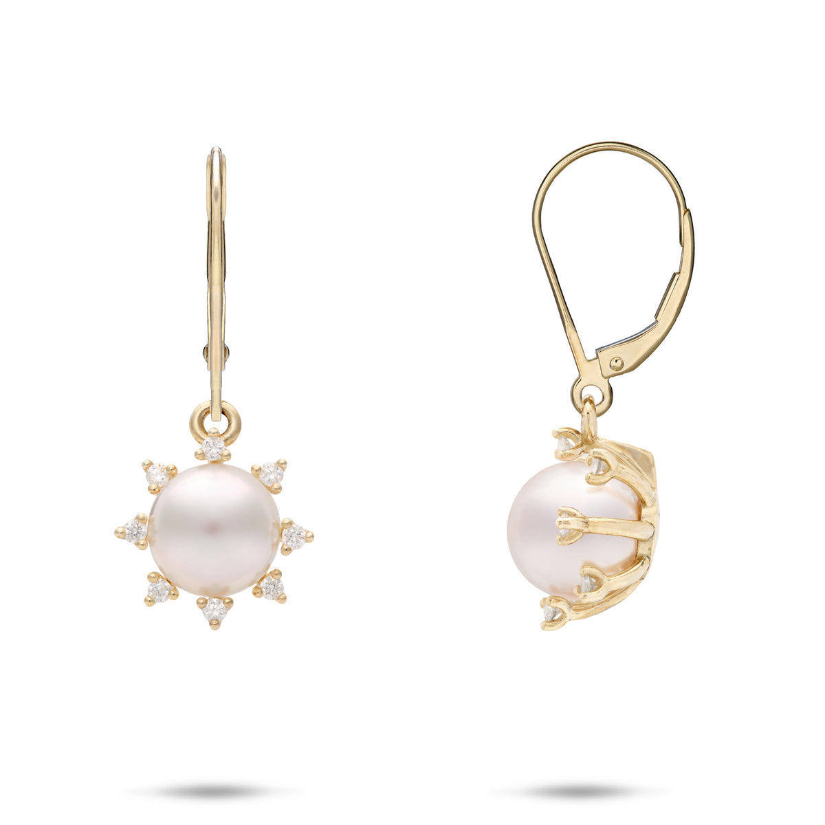 A pair of 14k yellow gold leverback protea-flower inspired earrings featuring a round white Akoya pearl surrounded by diamond accents, shown from two angles on a white background.