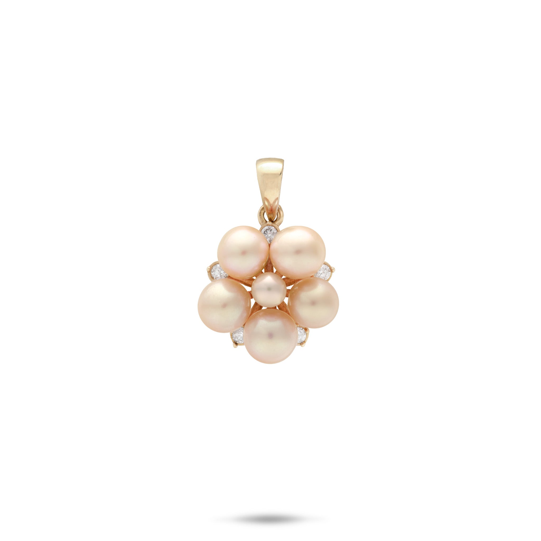 Tiny Bubbles Collection 3-5mm Pink/Peach Freshwater Pearl Pendant in 14k Yellow Gold with Diamonds on a white background