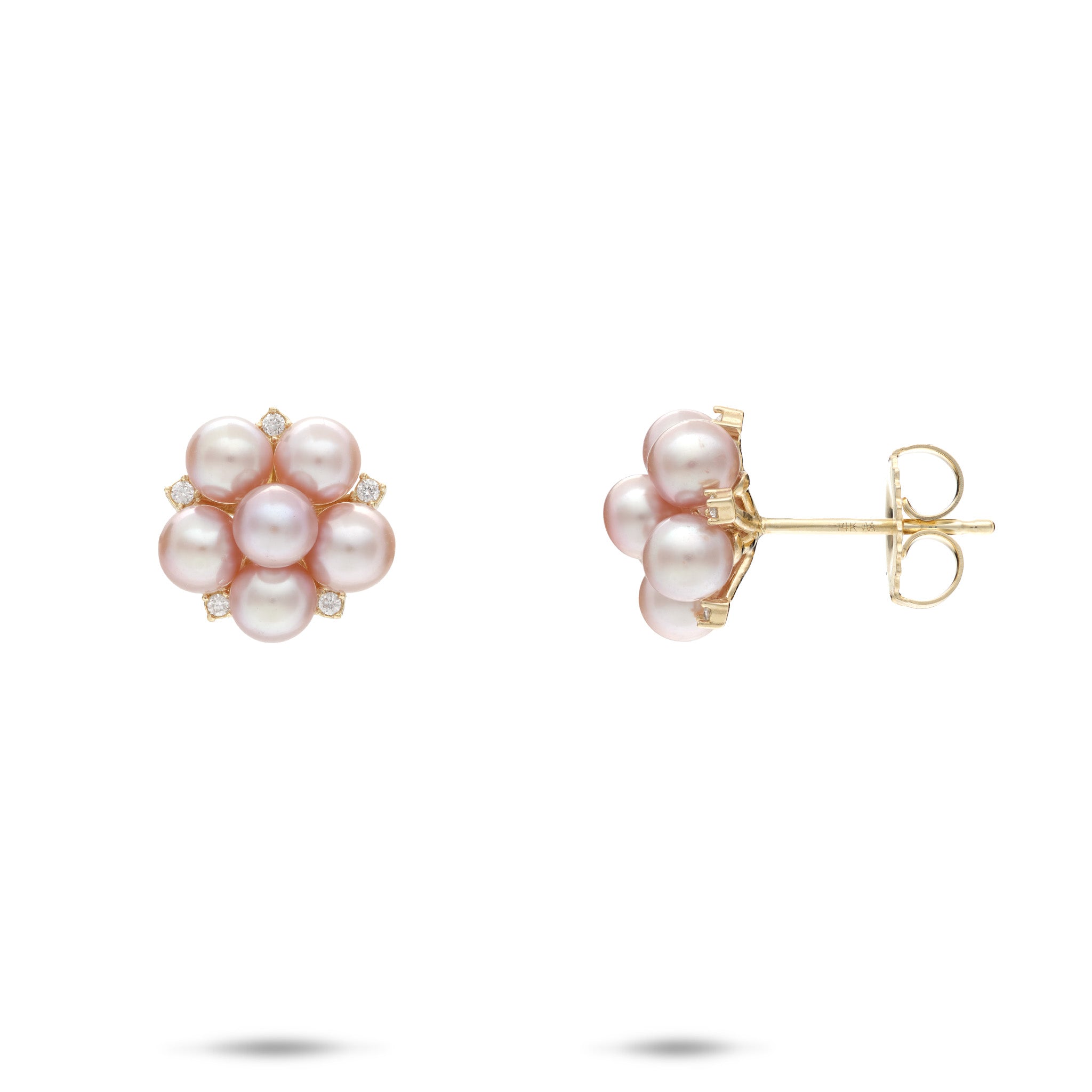 Tiny Bubbles Collection Stud Earrings in 14k Yellow Gold with 3-5mm Freshwater Lavender Pearls and accenting diamonds on a white background