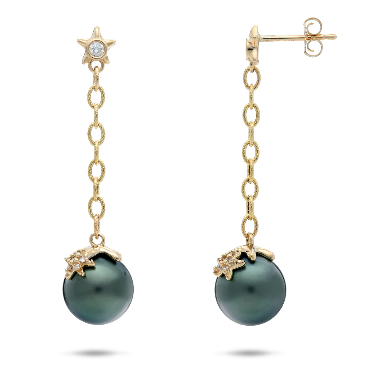 A pair of gold dangle earrings featuring a star-shaped stud with a diamond center, a short chain, and 10-11mm Tahitian black pearls connected by two small gold starfish with diamonds placed on a white background