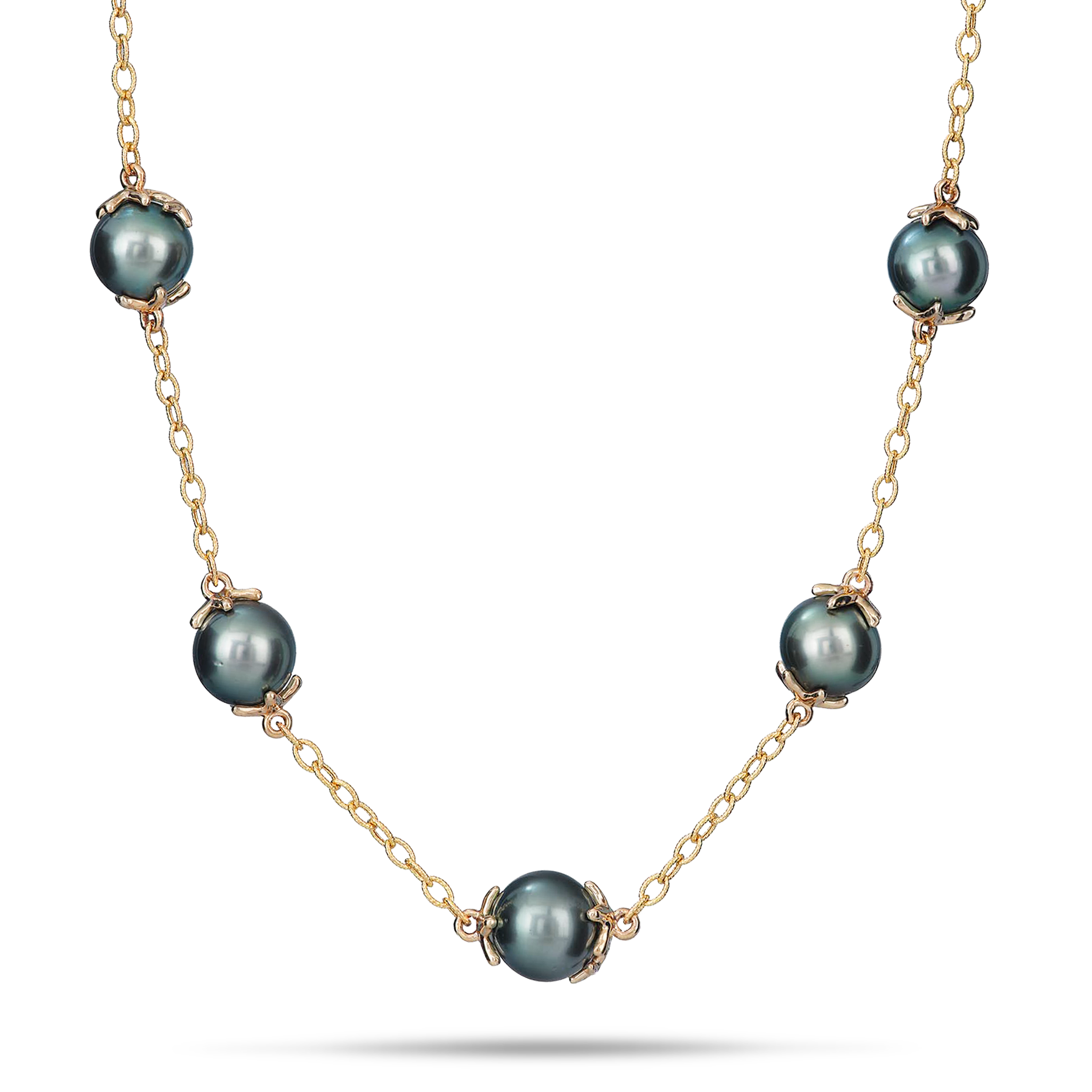 16-22" Adjustable Reefs Starfish Tahitian Black Pearl Necklace in Gold - 10-11mm