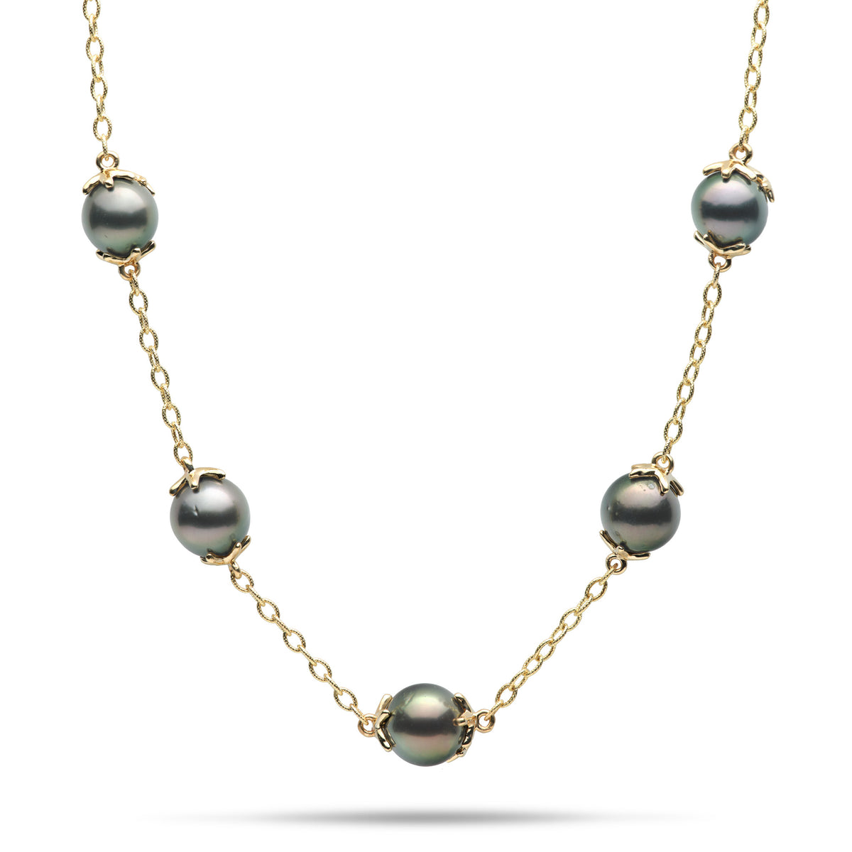 A 16-22" Adjustable Reefs gold chain necklace featuring five 10-11mm Tahitian black pearls spaced out on the chain, set with gold starfish prongs against a clean white background.