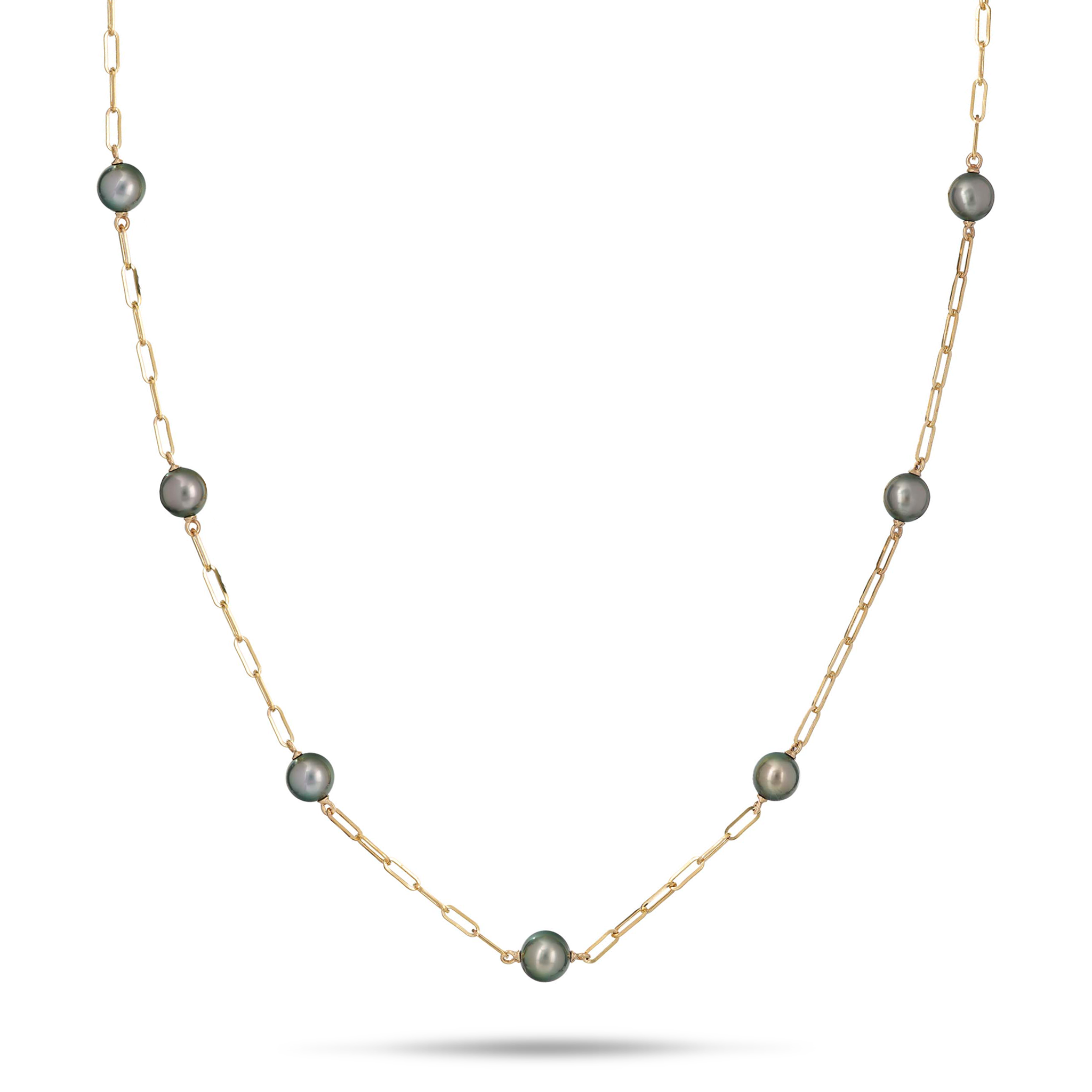 Adjustable 24" Tahitian Black Pearl Paperclip Chain Necklace in Gold - 9-10mm