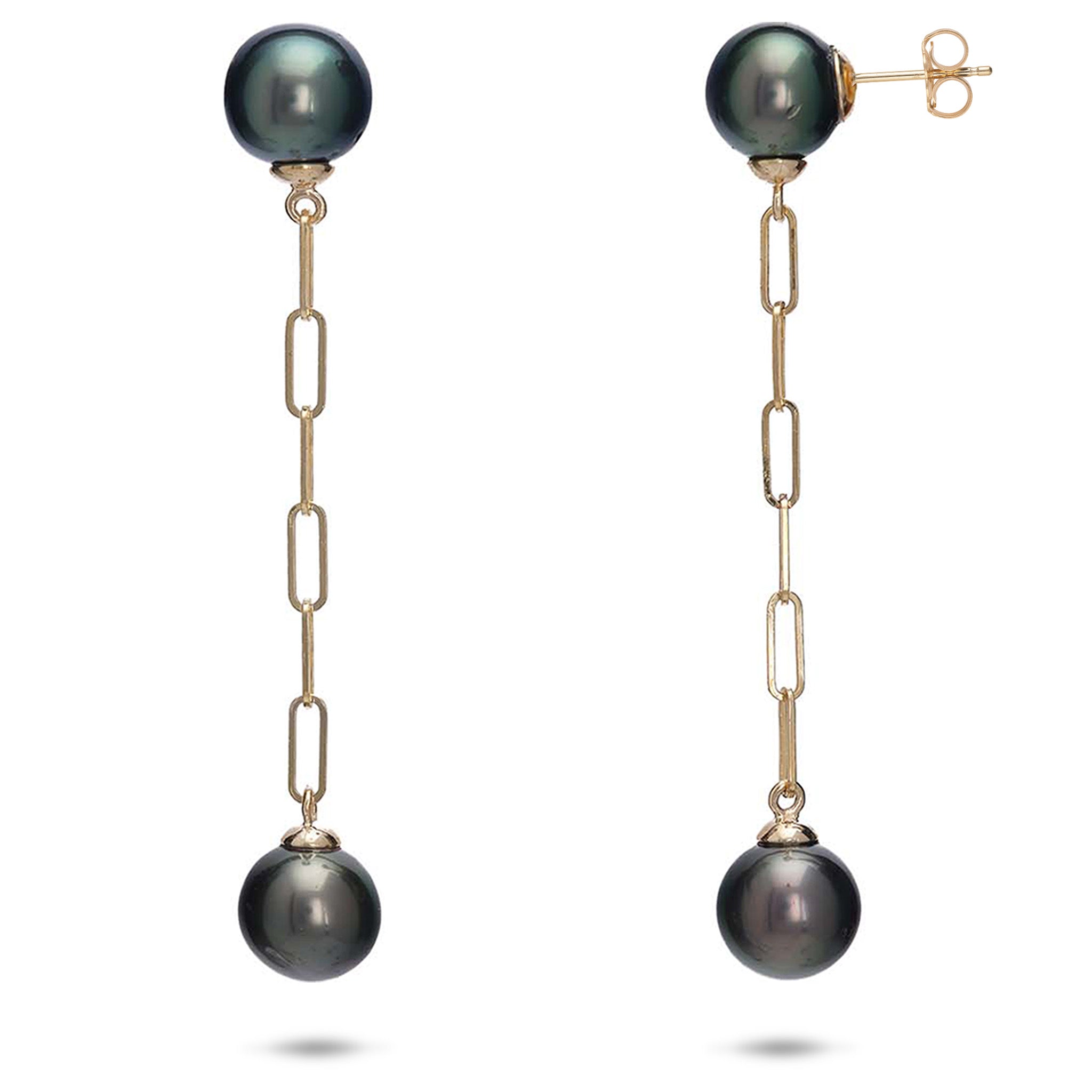 9-11mm Tahitian Black Pearl Paperclip Chain Earrings in 14k Yellow Gold