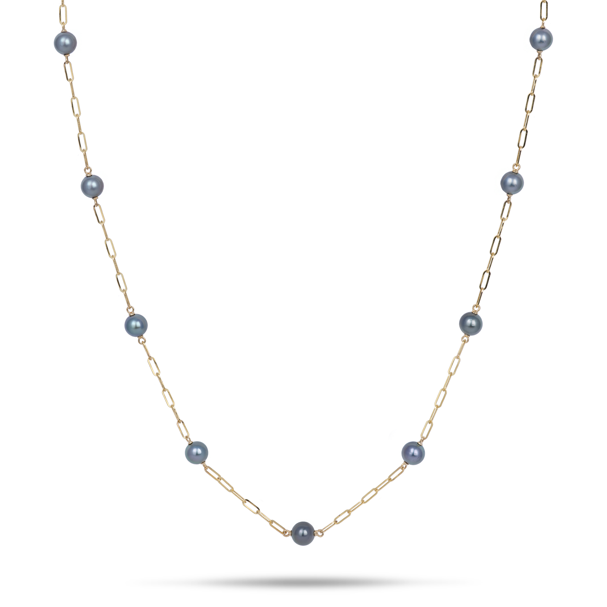Adjustable 34-35" Tahitian Black Pearl Paperclip Chain Necklace in Gold - 10-11mm
