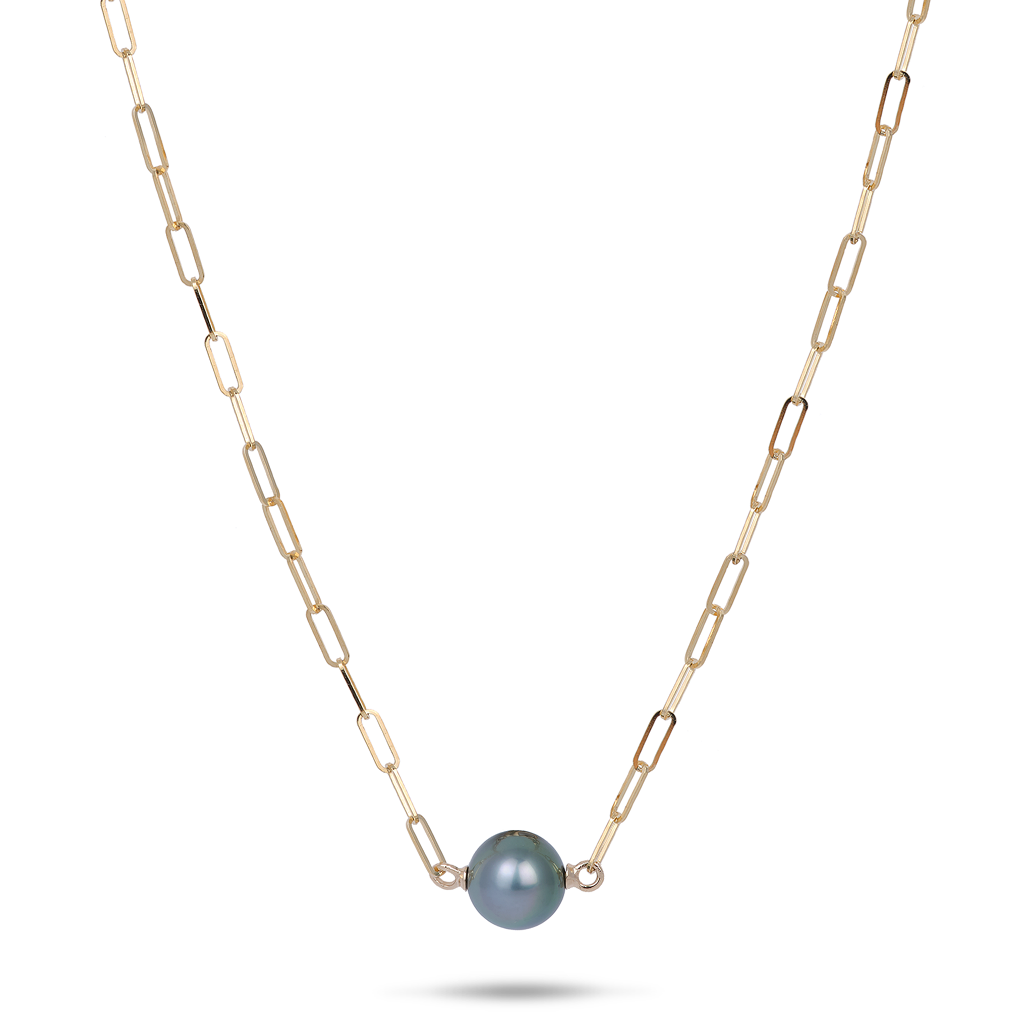 16-17" Tahitian Black Pearl Paperclip Chain Necklace in Gold - 10-11mm