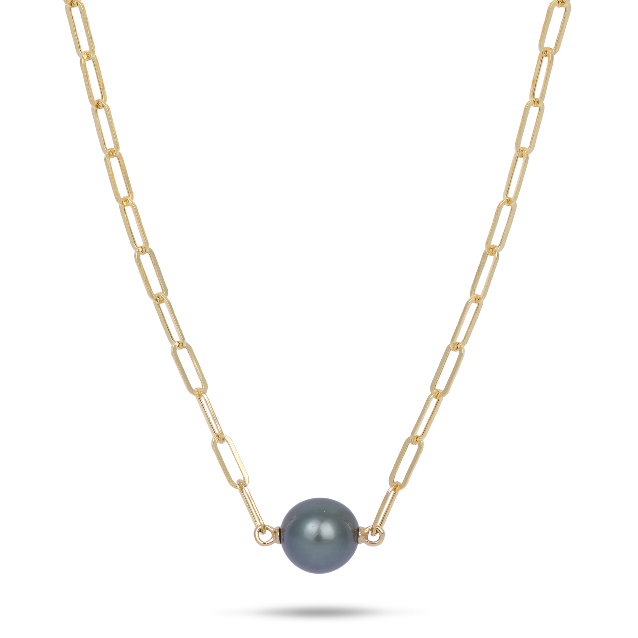 16-17" Tahitian Black Pearl Paperclip Chain Necklace in Gold - 12-13mm